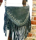 Dark green suede crossbody bag with tacks and fringes. Green suede hippy purse. Genuine suede leather boho bag in dark green