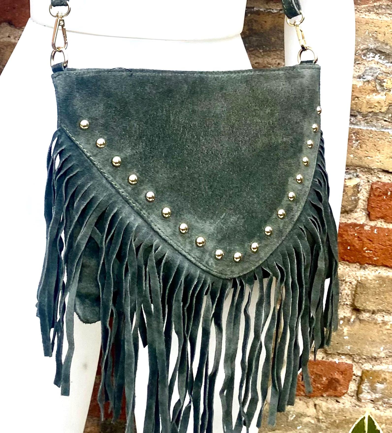 Dark green suede crossbody bag with tacks and fringes. Green suede hippy purse. Genuine suede leather boho bag in dark green