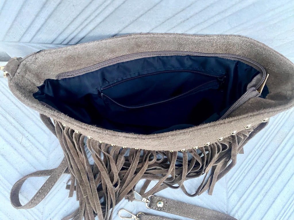 Dark green suede crossbody bag with tacks and fringes. Green suede hippy purse. Genuine suede leather boho bag in dark green