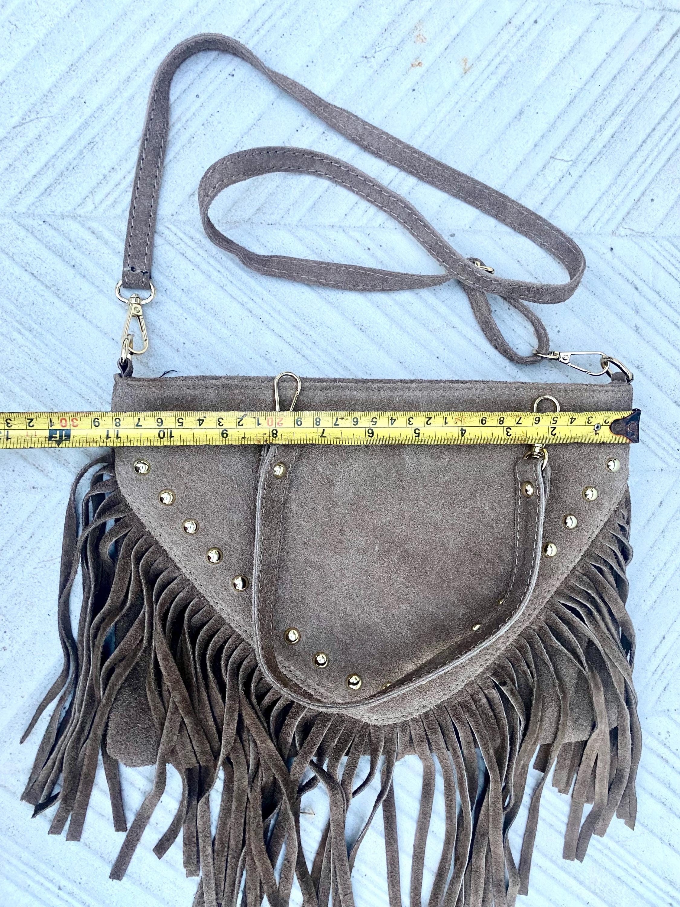 Dark green suede crossbody bag with tacks and fringes. Green suede hippy purse. Genuine suede leather boho bag in dark green