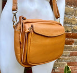 Genuine leather light camel brown bag. GENUINE leather shoulder / crossbody bag. Tan purse with zippers. Light caramel brown leather purse