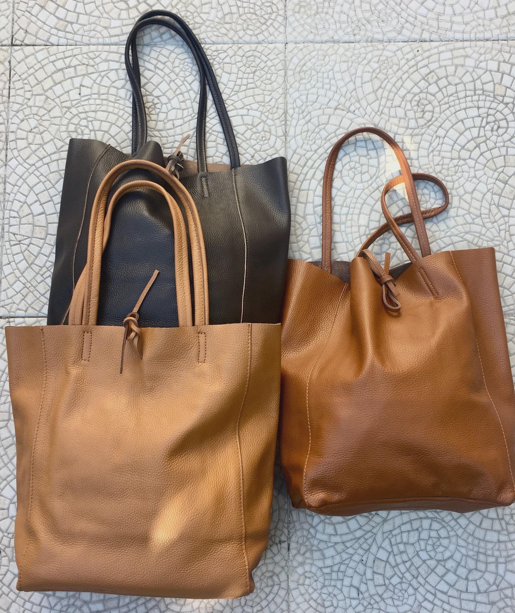 Tote leather bag in dark CAMEL brown. Soft natural GENUINE leather shopper. Large brown leather purse for your laptop, tablet, books...