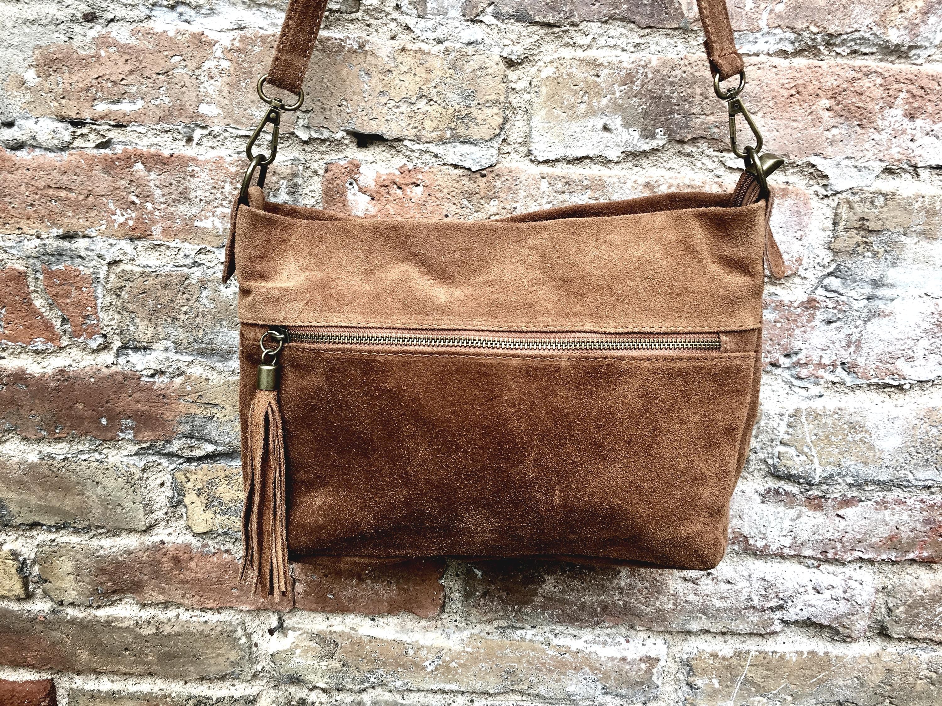 BOHO suede leather bag in camel BROWN. Soft genuine leather bag with tassel. Brown cross over bag,boho bag, crossbody bags in brown.