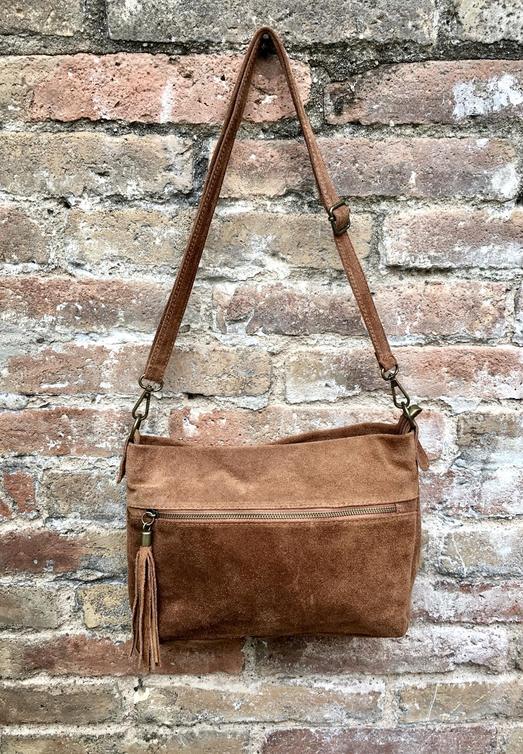 BOHO suede leather bag in camel BROWN. Soft genuine leather bag with tassel. Brown cross over bag,boho bag, crossbody bags in brown.