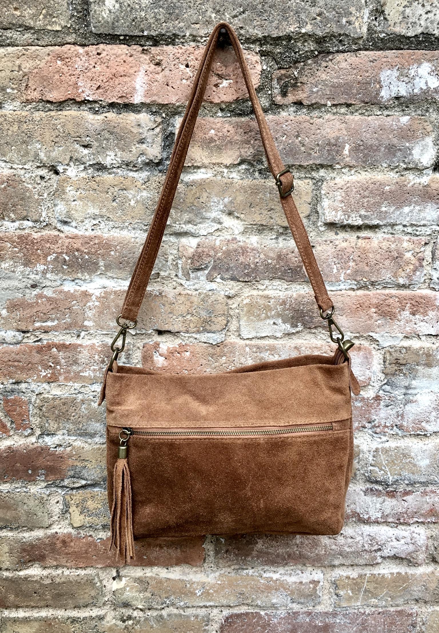 BOHO suede leather bag in camel BROWN. Soft genuine leather bag with tassel. Brown cross over bag,boho bag, crossbody bags in brown.