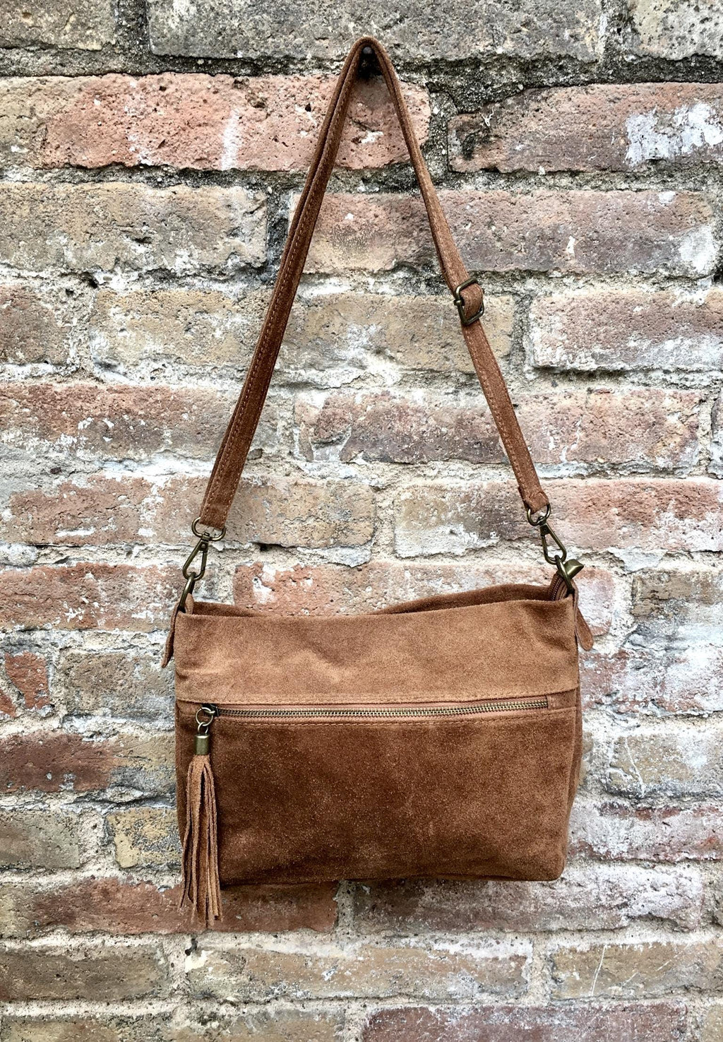 BOHO suede leather bag in camel BROWN. Soft genuine leather bag with tassel. Brown cross over bag,boho bag, crossbody bags in brown.