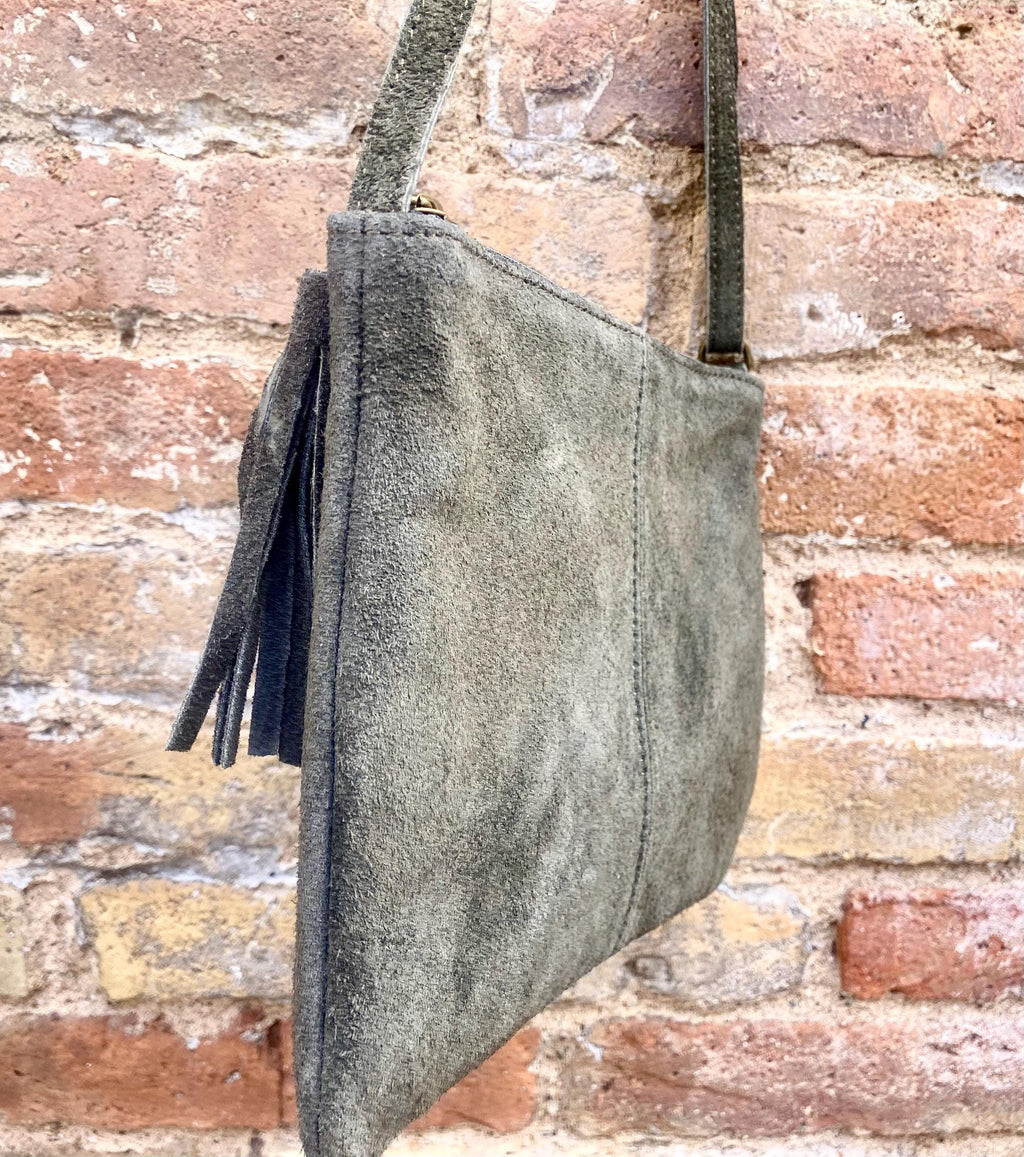 Dark khaki GREEN suede leather bag. Small crossbody /shoulder bag. GENUINE leather. Dark green suede purse with tassel.