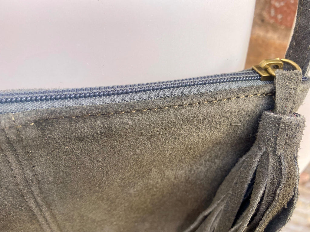 Dark khaki GREEN suede leather bag. Small crossbody /shoulder bag. GENUINE leather. Dark green suede purse with tassel.