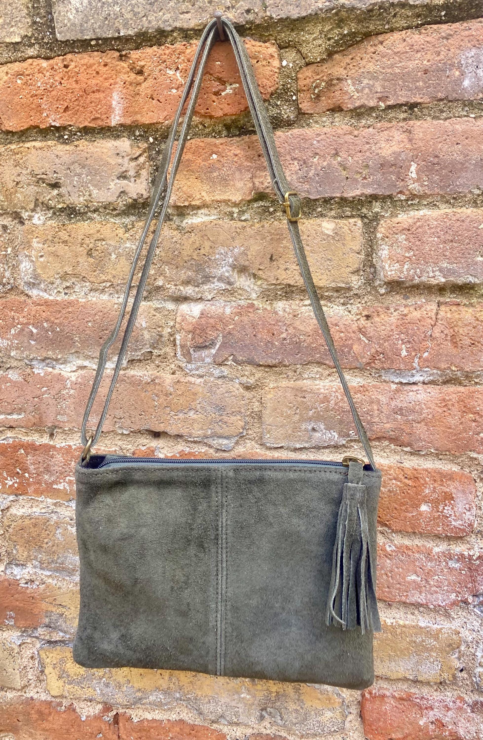 Dark khaki GREEN suede leather bag. Small crossbody /shoulder bag. GENUINE leather. Dark green suede purse with tassel.