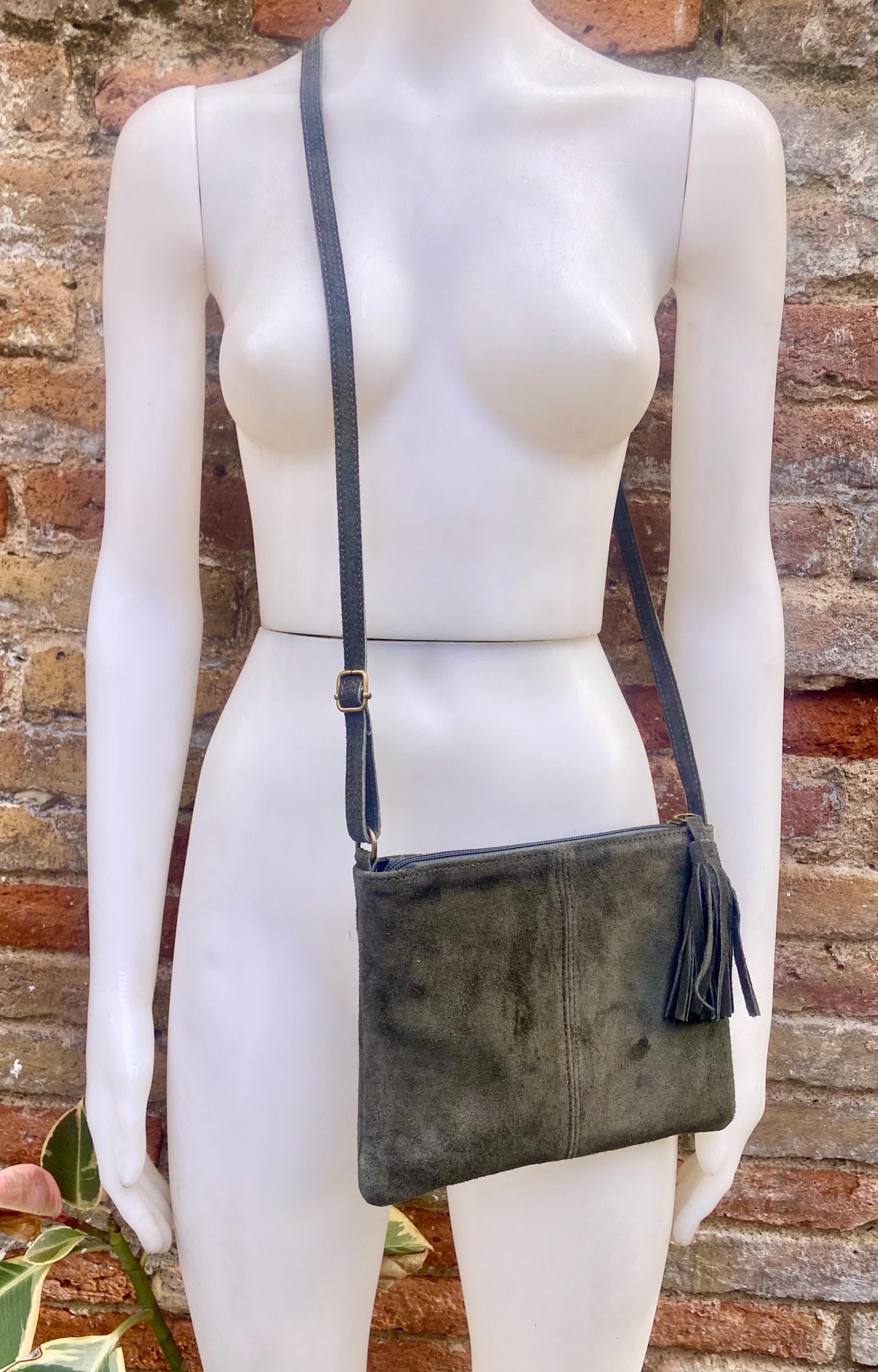 Dark khaki GREEN suede leather bag. Small crossbody /shoulder bag. GENUINE leather. Dark green suede purse with tassel.