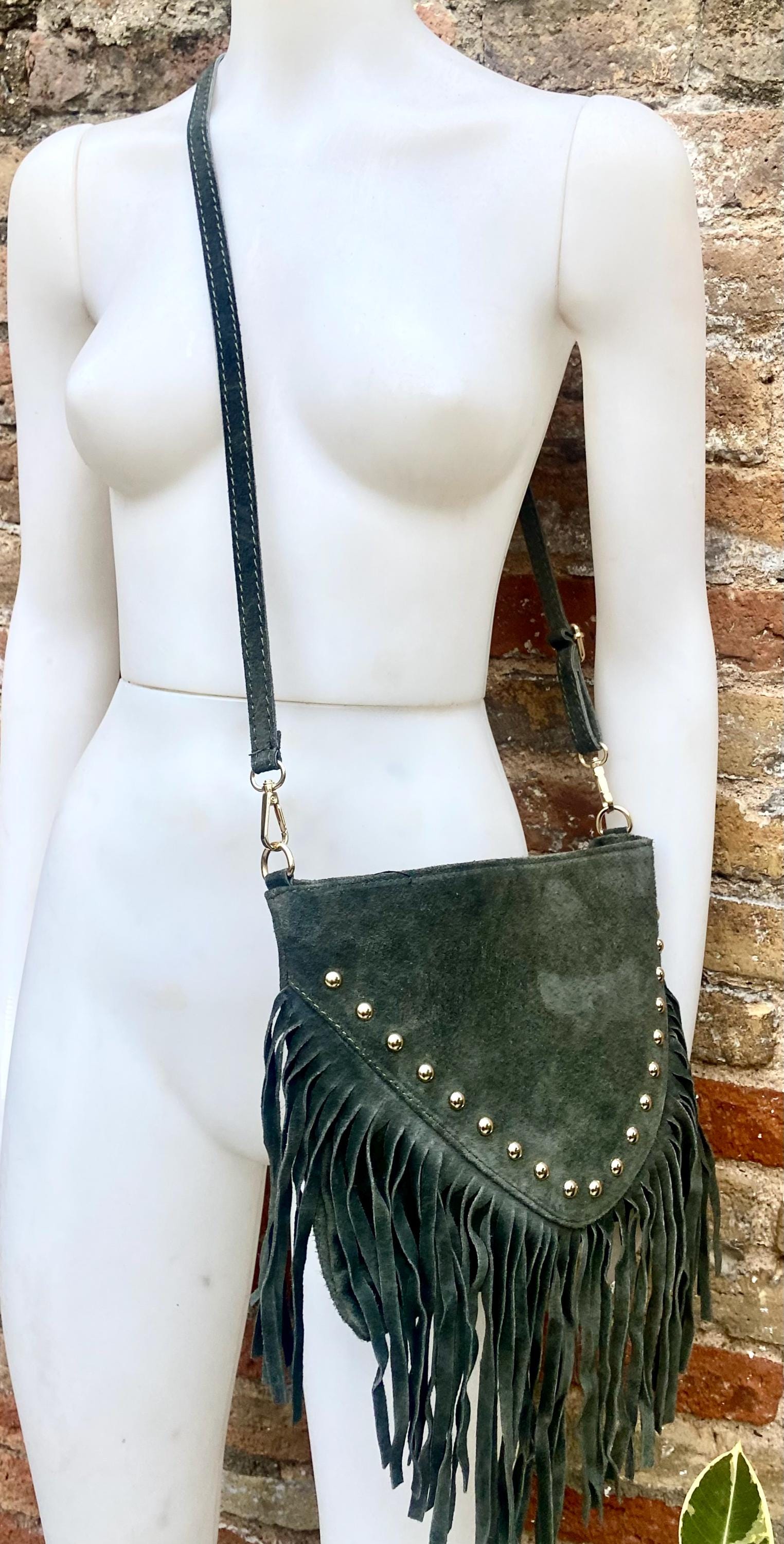 Dark green suede crossbody bag with tacks and fringes. Green suede hippy purse. Genuine suede leather boho bag in dark green