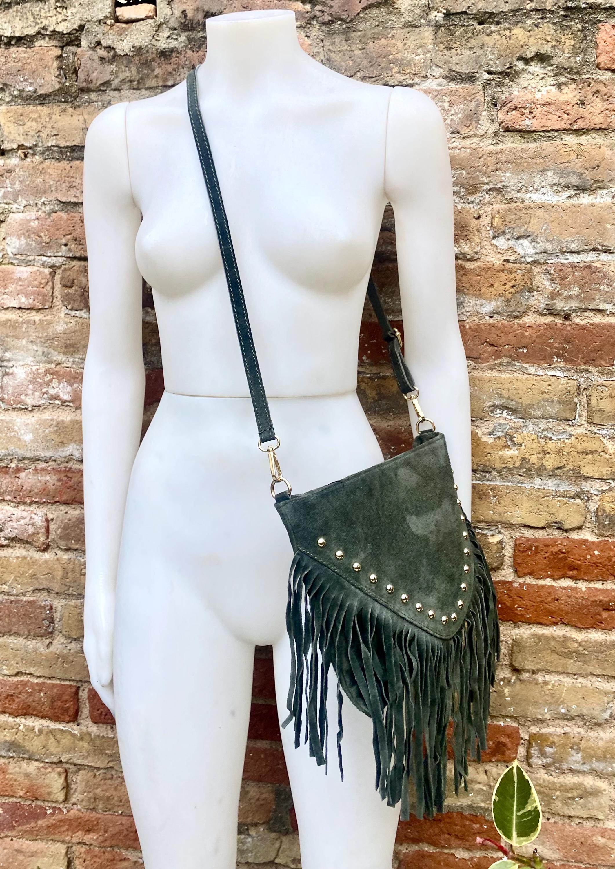 Dark green suede crossbody bag with tacks and fringes. Green suede hippy purse. Genuine suede leather boho bag in dark green