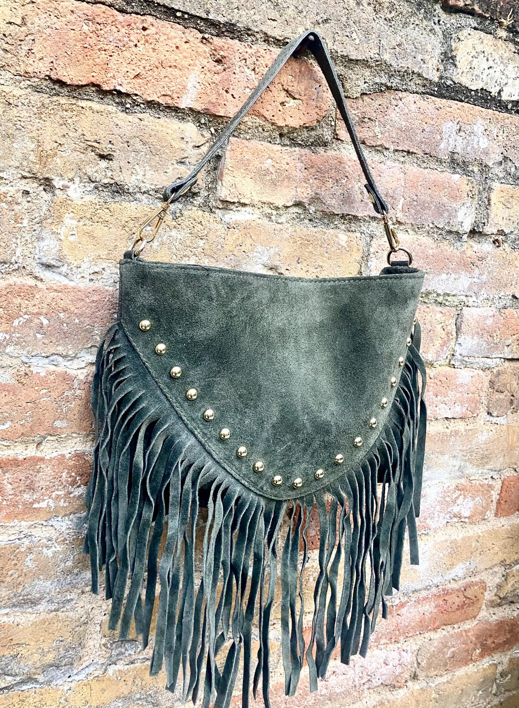 Dark green suede crossbody bag with tacks and fringes. Green suede hippy purse. Genuine suede leather boho bag in dark green