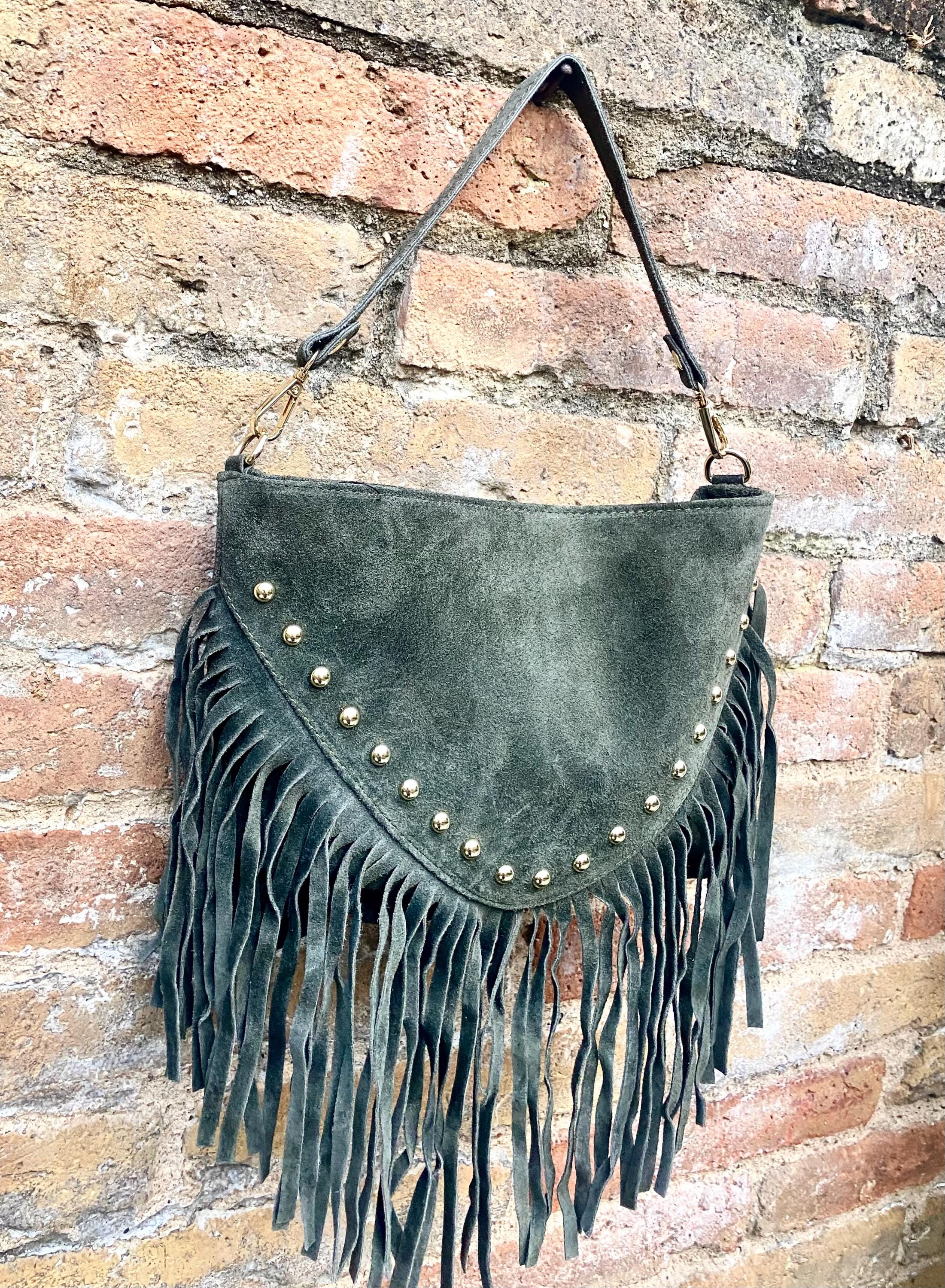 Dark green suede crossbody bag with tacks and fringes. Green suede hippy purse. Genuine suede leather boho bag in dark green