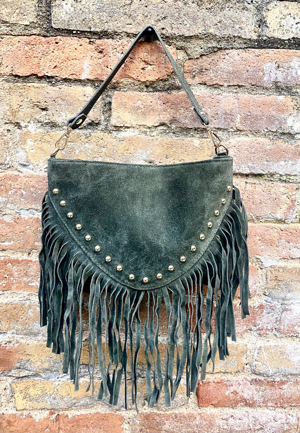 Dark green suede crossbody bag with tacks and fringes. Green suede hippy purse. Genuine suede leather boho bag in dark green