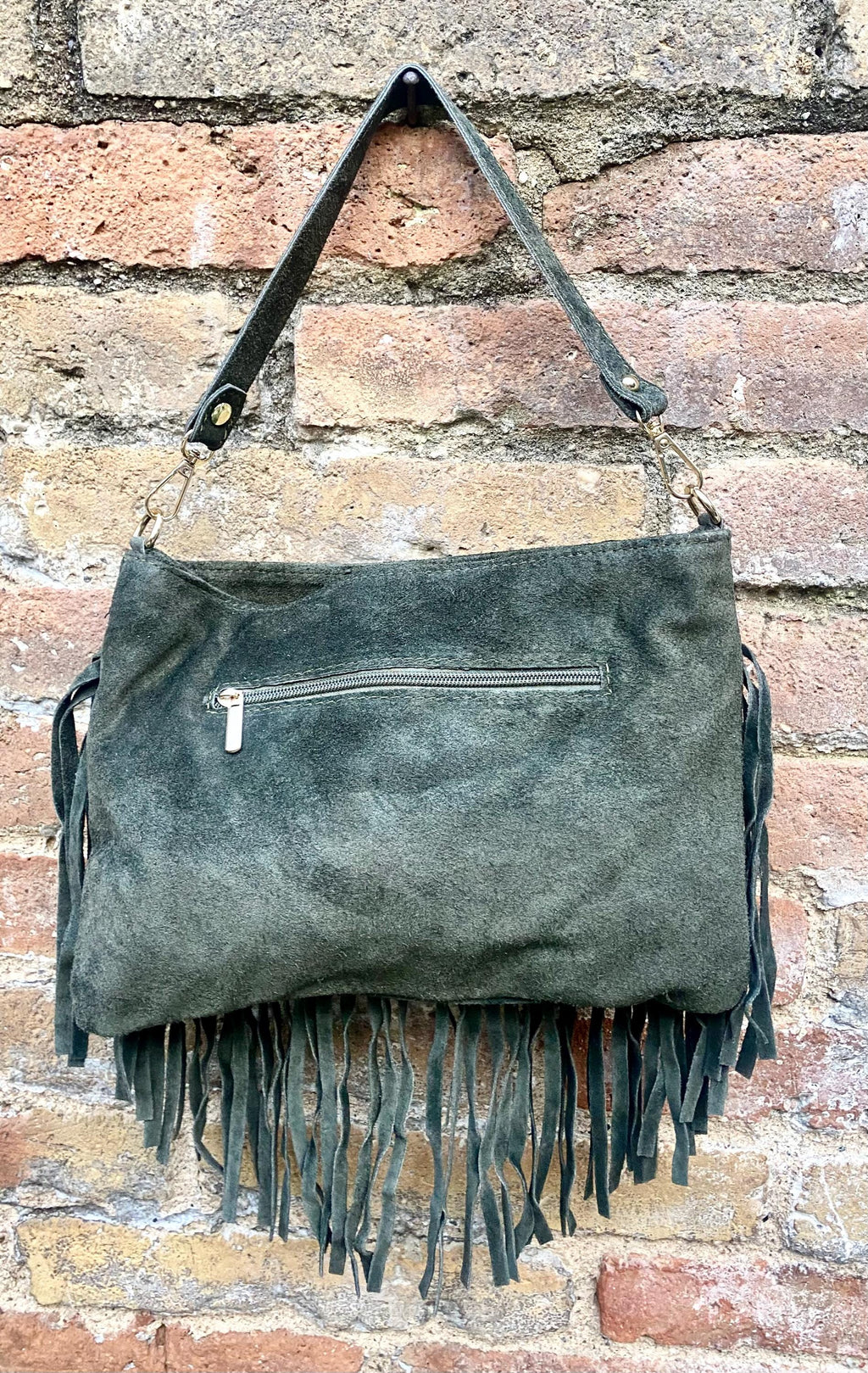 Dark green suede crossbody bag with tacks and fringes. Green suede hippy purse. Genuine suede leather boho bag in dark green