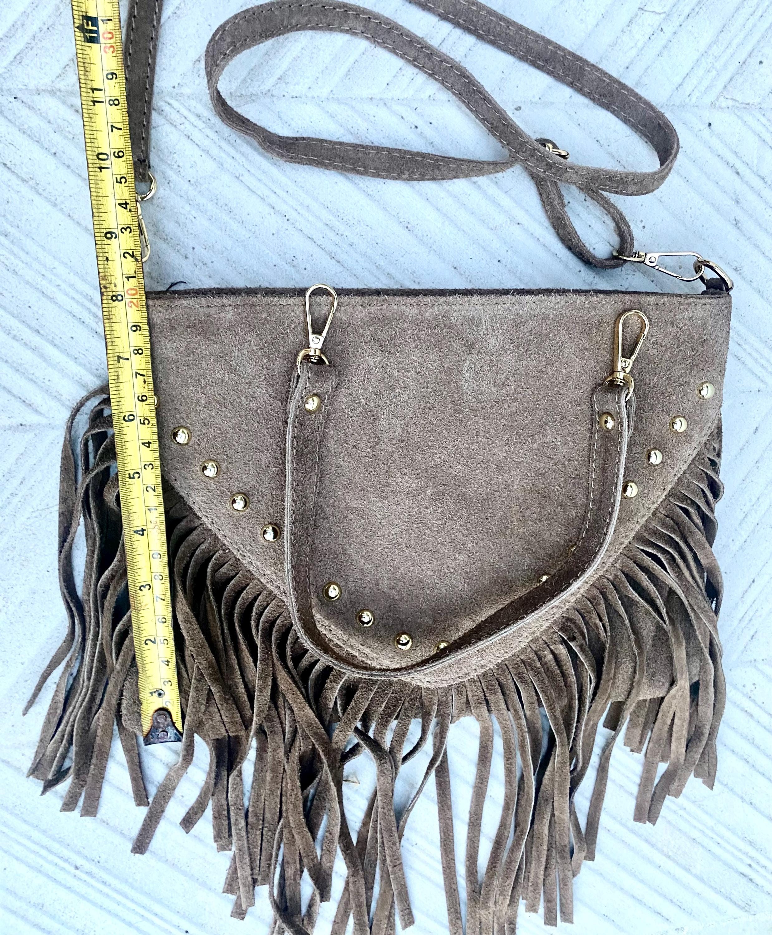 Dark green suede crossbody bag with tacks and fringes. Green suede hippy purse. Genuine suede leather boho bag in dark green