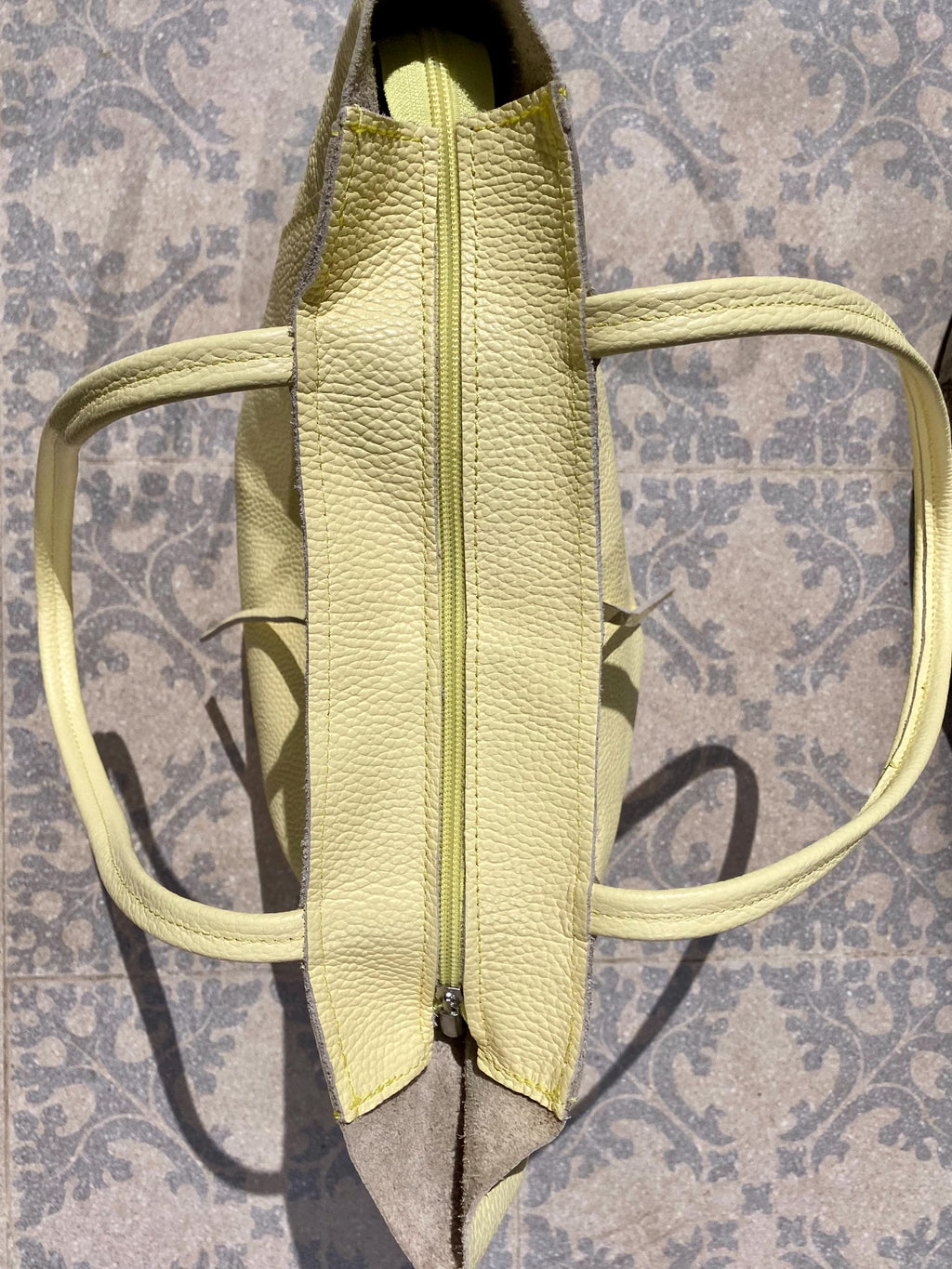 YELLOW tote leather bag. Soft natural GENUINE leather bag. Large light yellow leather shopper with ZIPPER. Vanilla laptop or book bag.