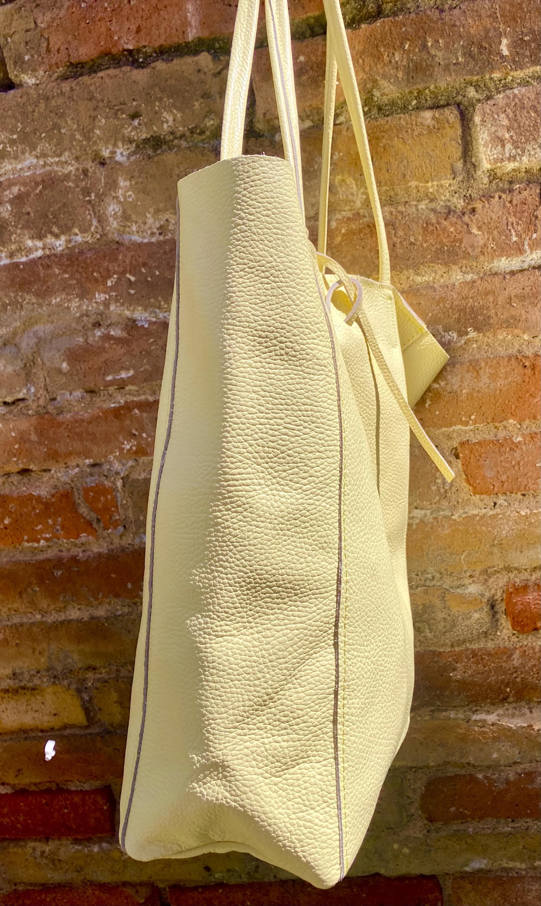 YELLOW tote leather bag. Soft natural GENUINE leather bag. Large light yellow leather shopper with ZIPPER. Vanilla laptop or book bag.