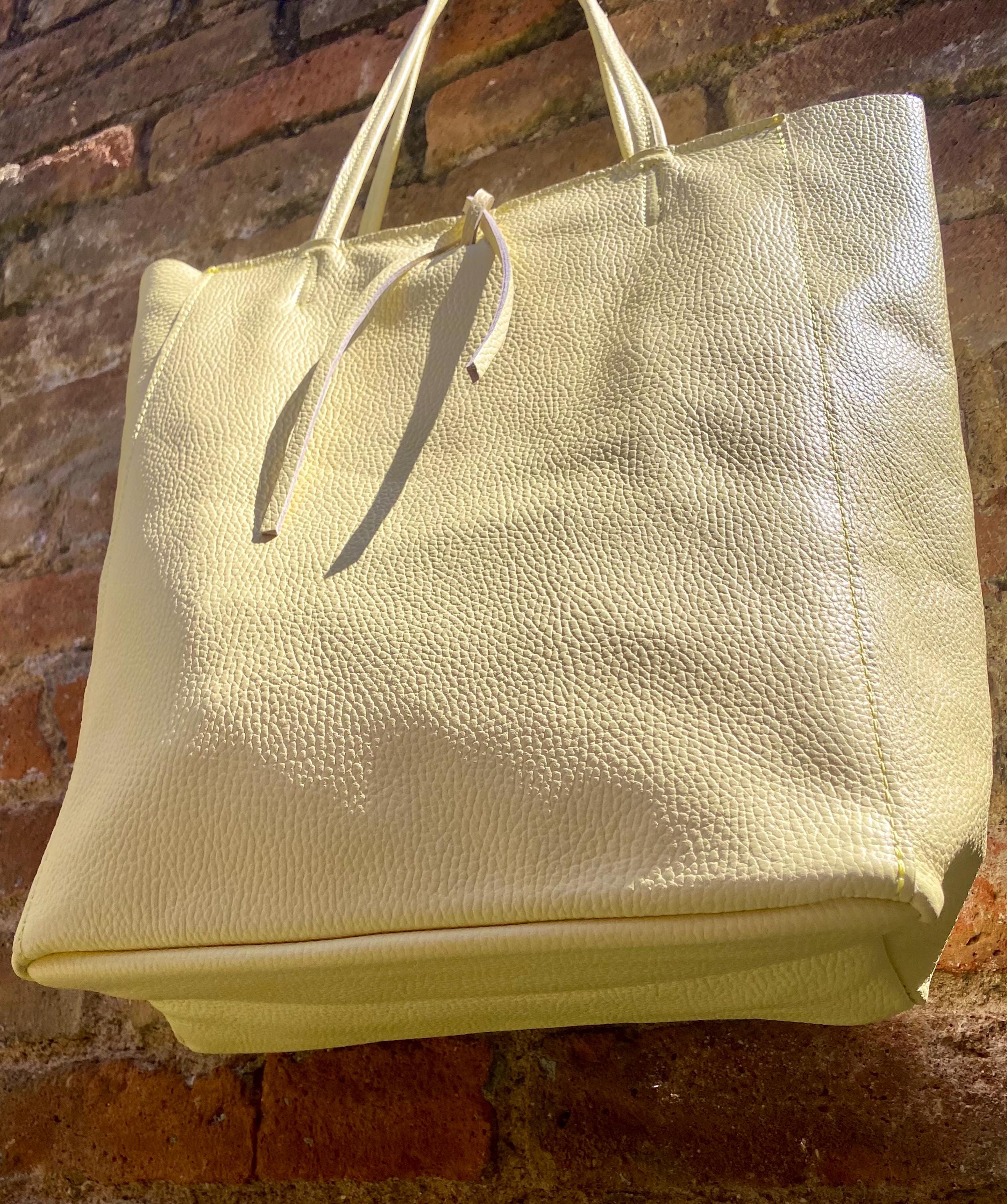 YELLOW tote leather bag. Soft natural GENUINE leather bag. Large light yellow leather shopper with ZIPPER. Vanilla laptop or book bag.