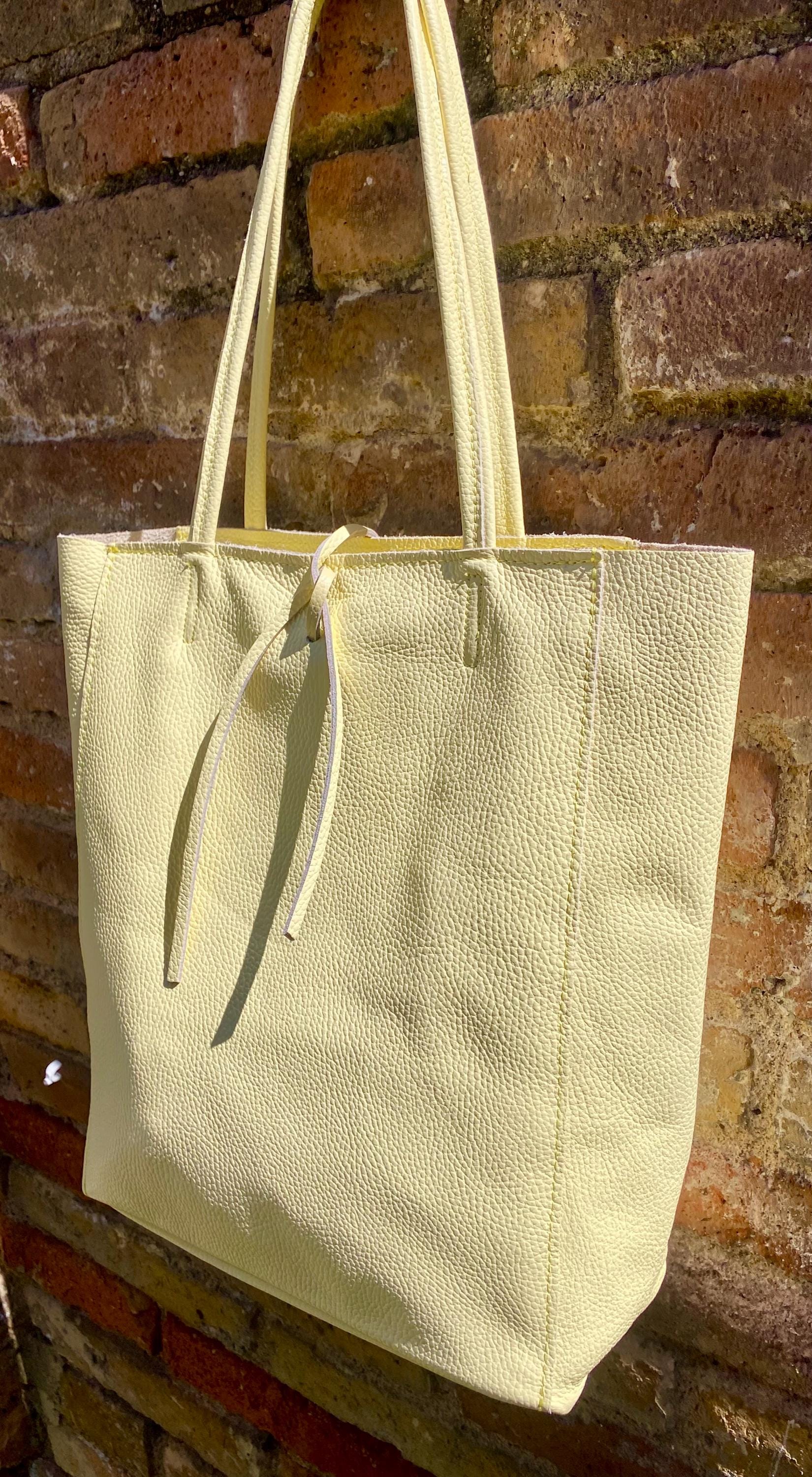 YELLOW tote leather bag. Soft natural GENUINE leather bag. Large light yellow leather shopper with ZIPPER. Vanilla laptop or book bag.