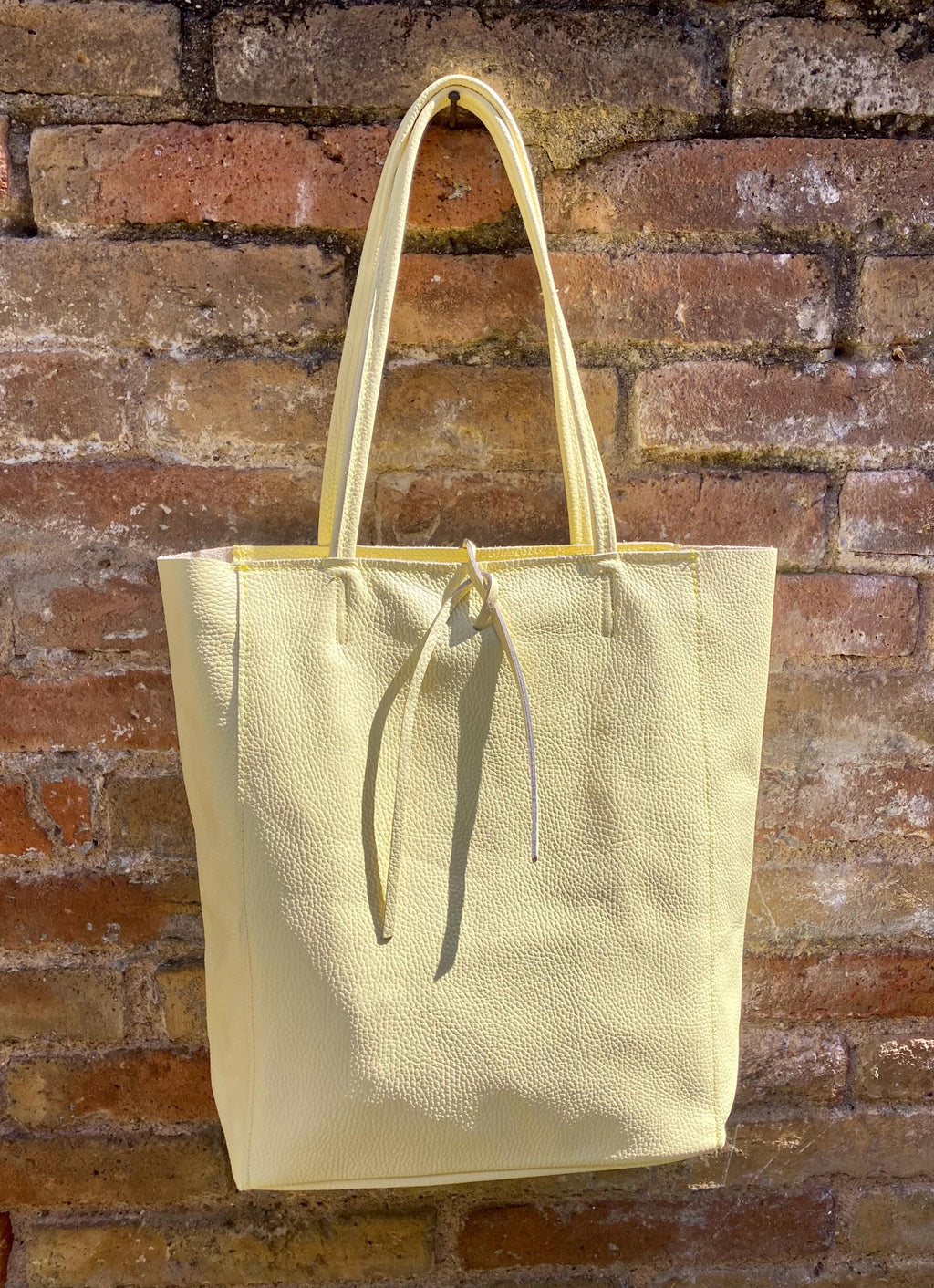 YELLOW tote leather bag. Soft natural GENUINE leather bag. Large light yellow leather shopper with ZIPPER. Vanilla laptop or book bag.