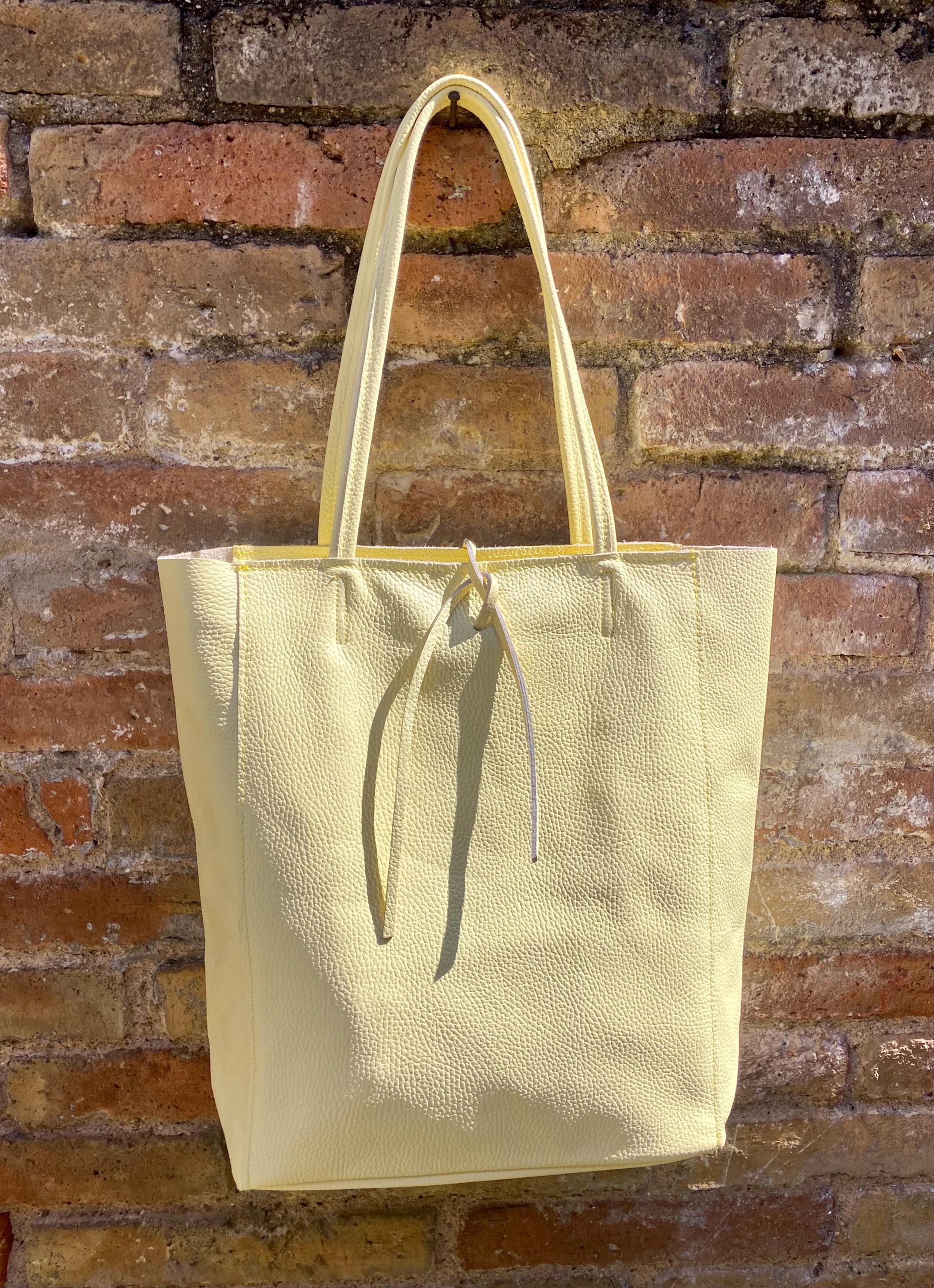 YELLOW tote leather bag. Soft natural GENUINE leather bag. Large light yellow leather shopper with ZIPPER. Vanilla laptop or book bag.