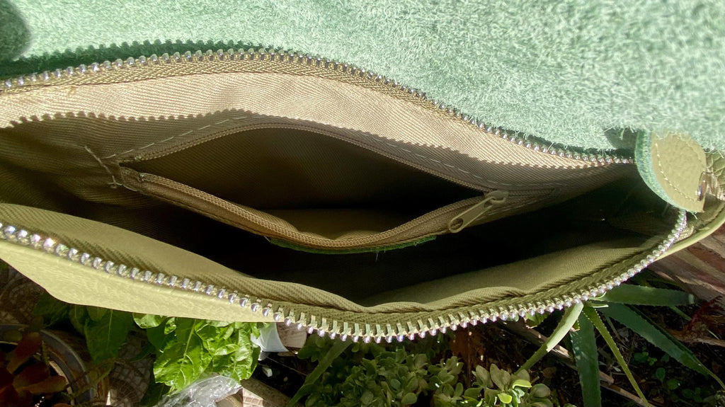 Small leather bag in light green. GENUINE leather cross body / shoulder bag in green, leather bag with adjustable strap, zipper and flap