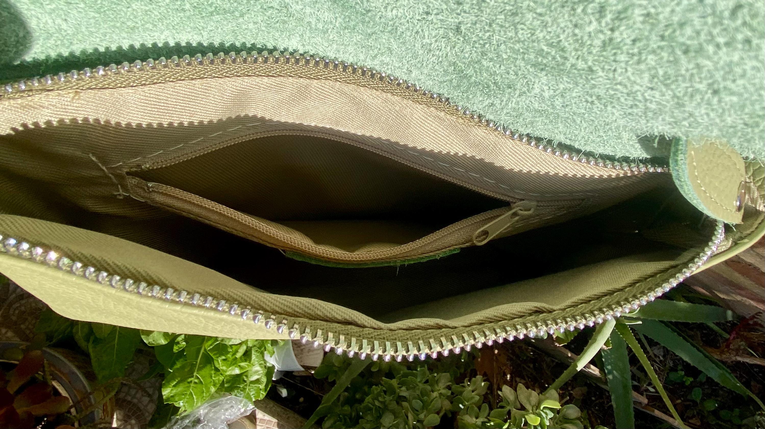 Small leather bag in light green. GENUINE leather cross body / shoulder bag in green, leather bag with adjustable strap, zipper and flap