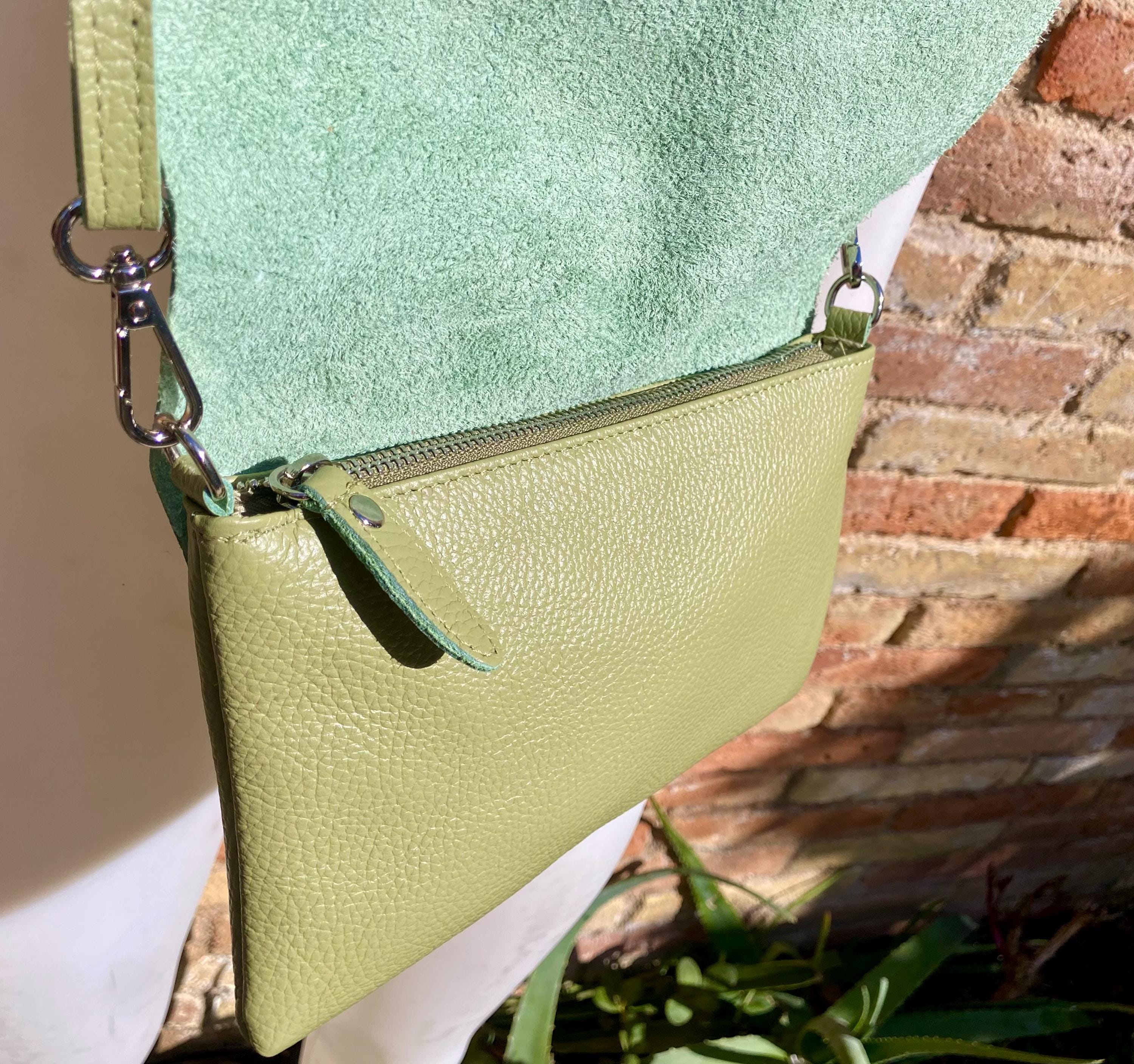 Small leather bag in light green. GENUINE leather cross body / shoulder bag in green, leather bag with adjustable strap, zipper and flap