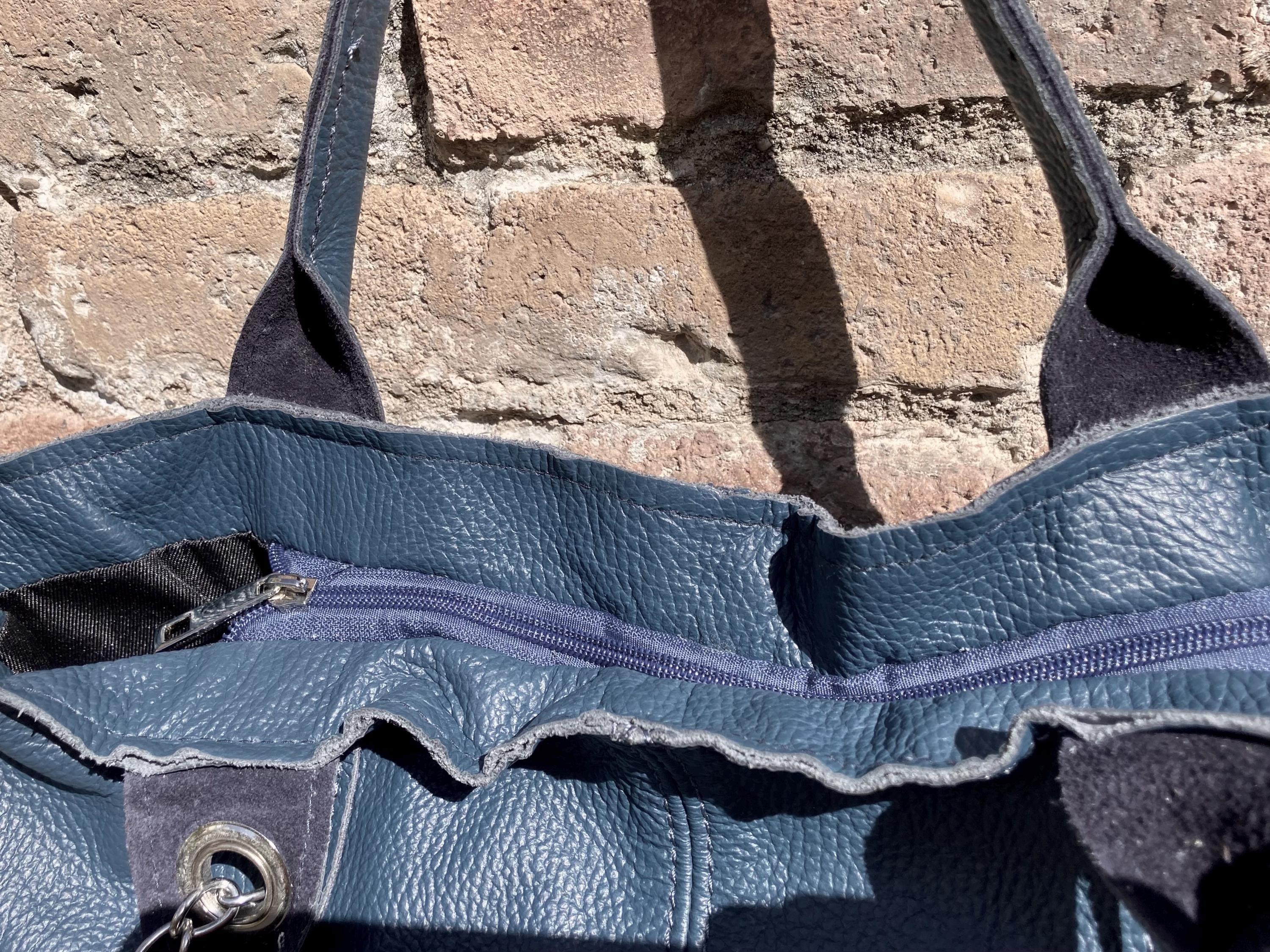 TEAL blue tote leather shopper in GENUINE leather. Large blue carry all tote bag for your laptop, books. Leather shopper w/ lining + zipper