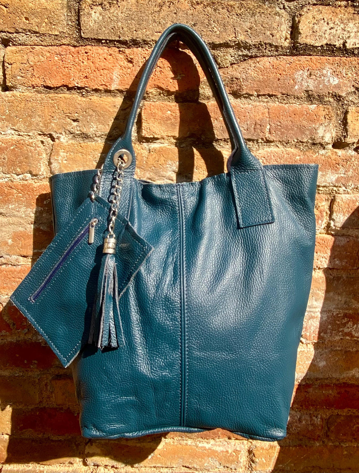 TEAL blue tote leather shopper in GENUINE leather. Large blue carry all tote bag for your laptop, books. Leather shopper w/ lining + zipper