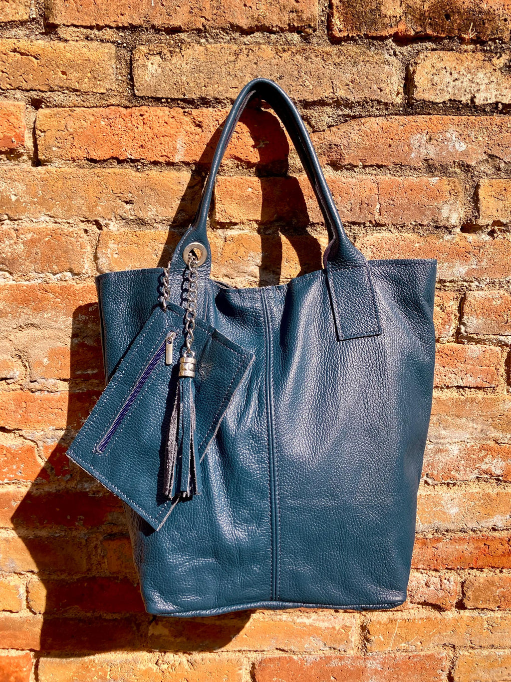 TEAL blue tote leather shopper in GENUINE leather. Large blue carry all tote bag for your laptop, books. Leather shopper w/ lining + zipper