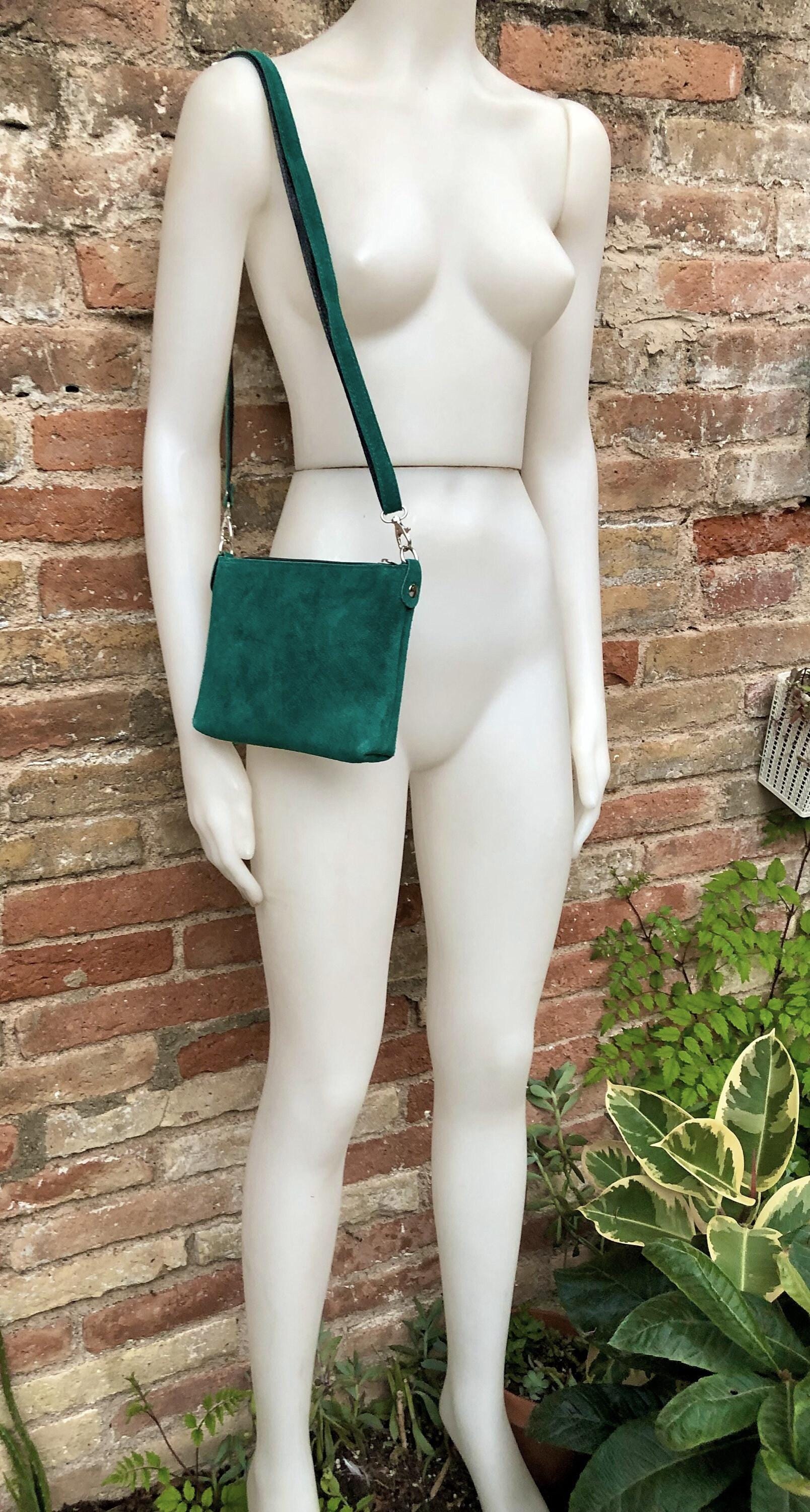 Dark green suede leather bag. Small crossbody / shoulder bag in GENUINE leather. Adjustable strap and zipper. Green suede purse
