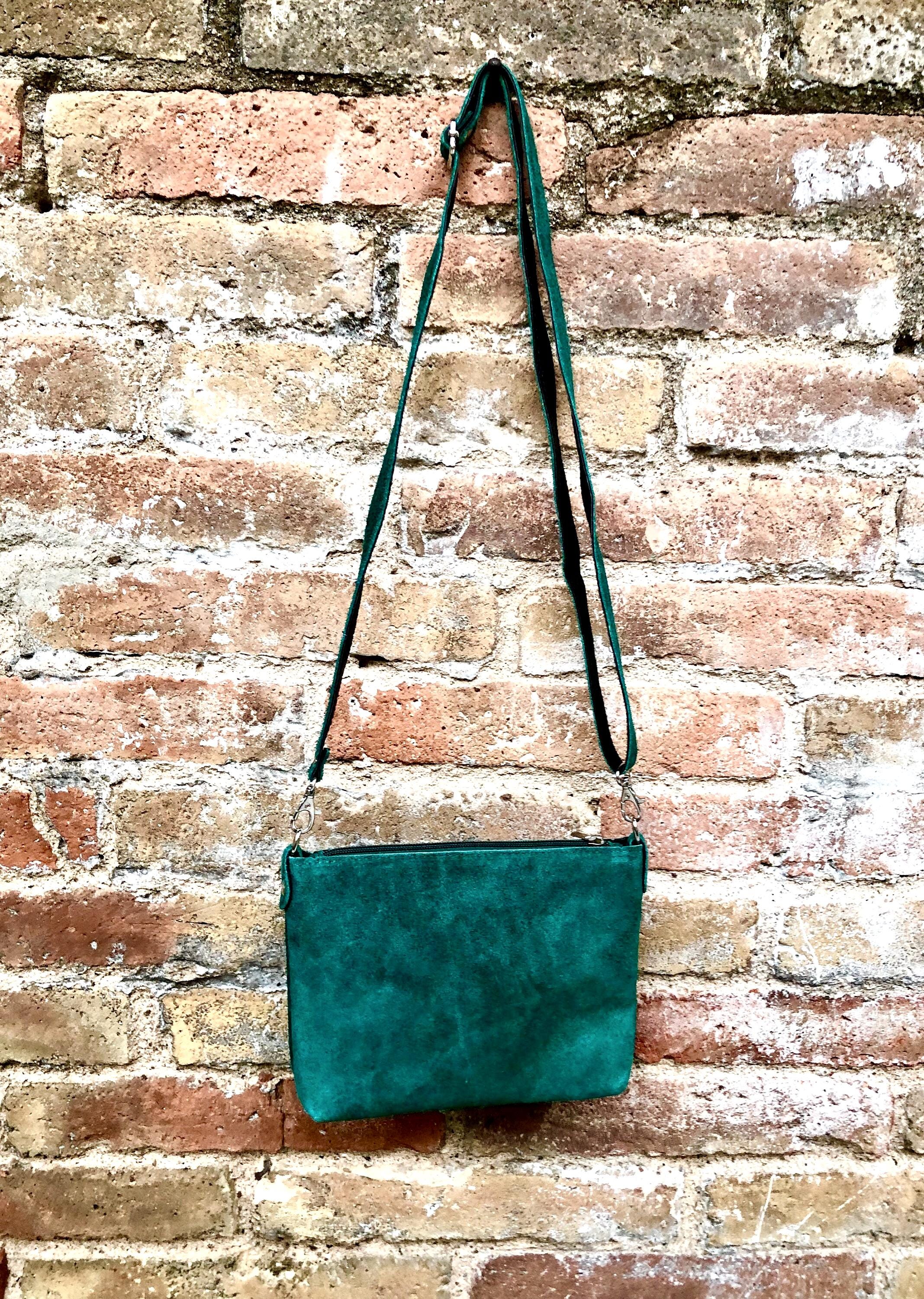 Dark green suede leather bag. Small crossbody / shoulder bag in GENUINE leather. Adjustable strap and zipper. Green suede purse