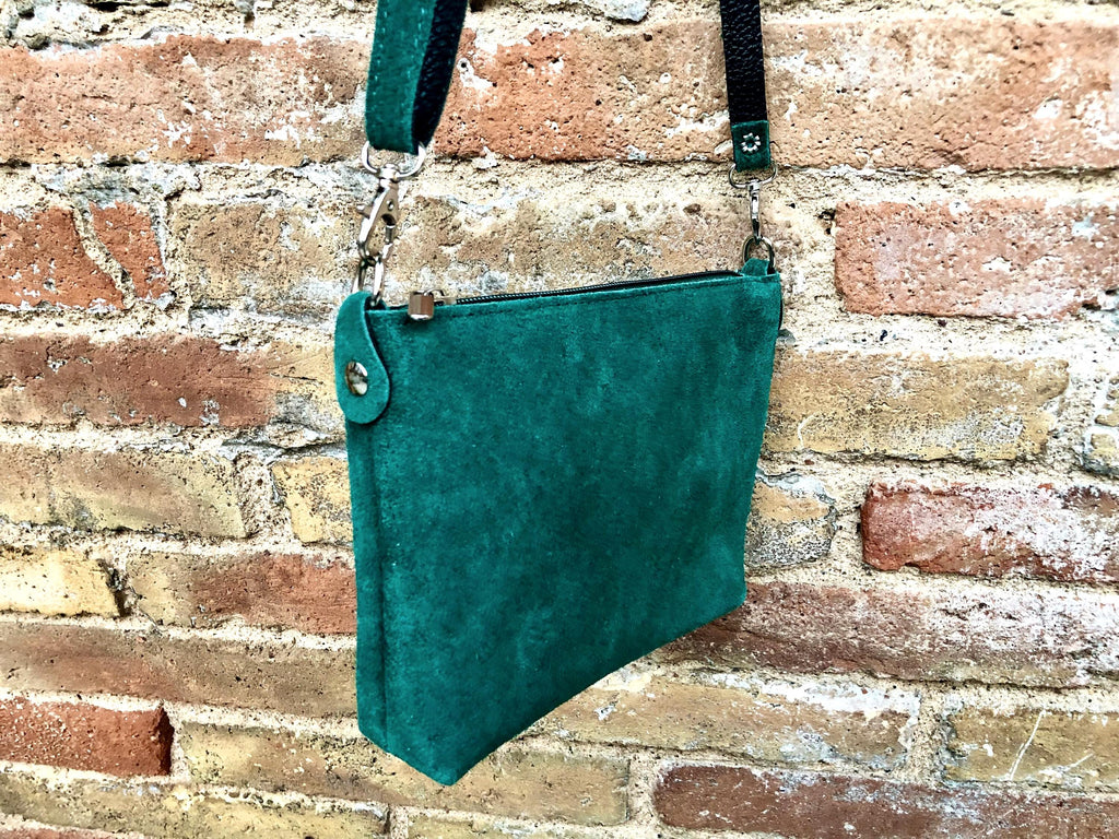 Dark green suede leather bag. Small crossbody / shoulder bag in GENUINE leather. Adjustable strap and zipper. Green suede purse