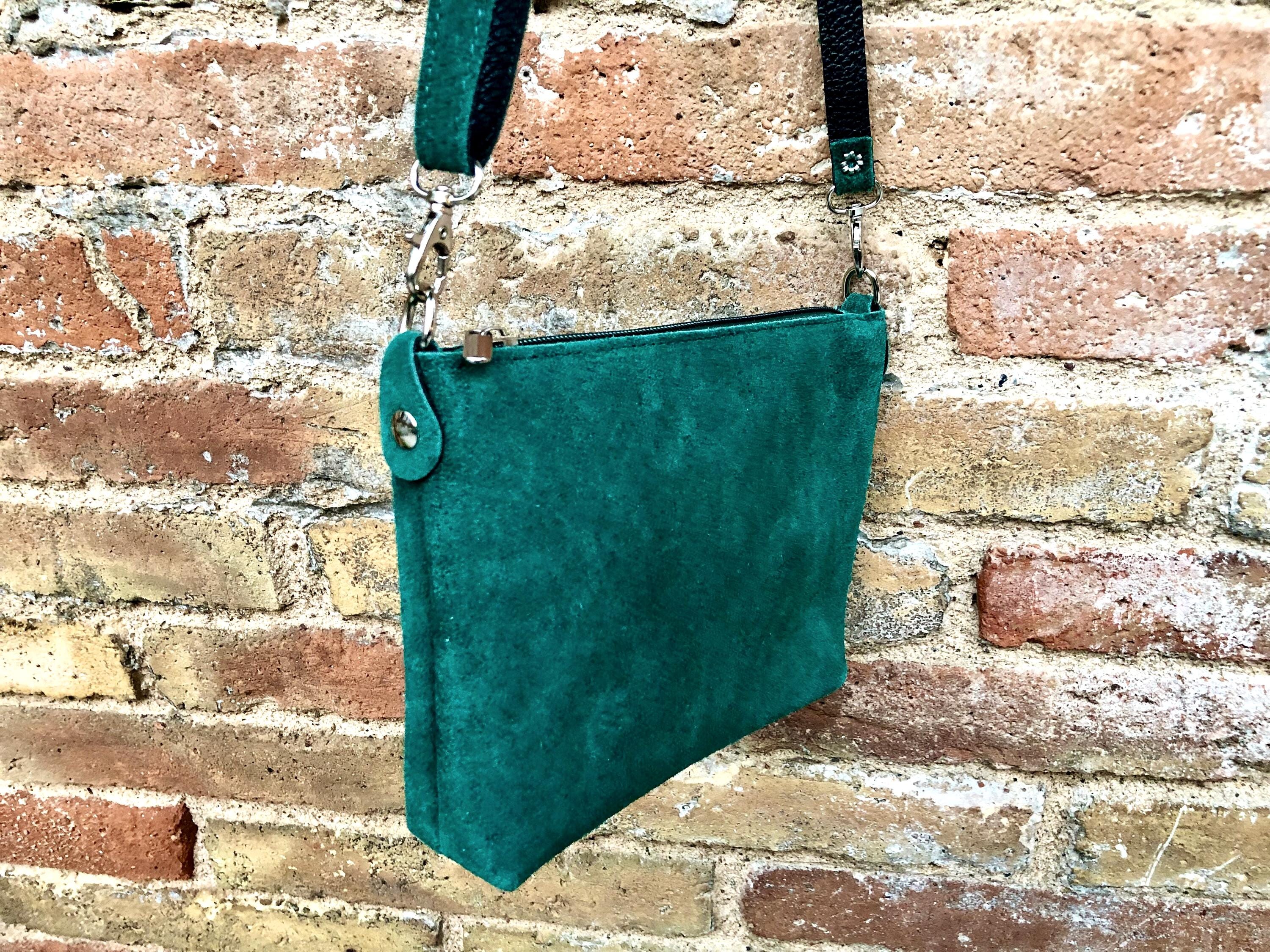 Dark green suede leather bag. Small crossbody / shoulder bag in GENUINE leather. Adjustable strap and zipper. Green suede purse