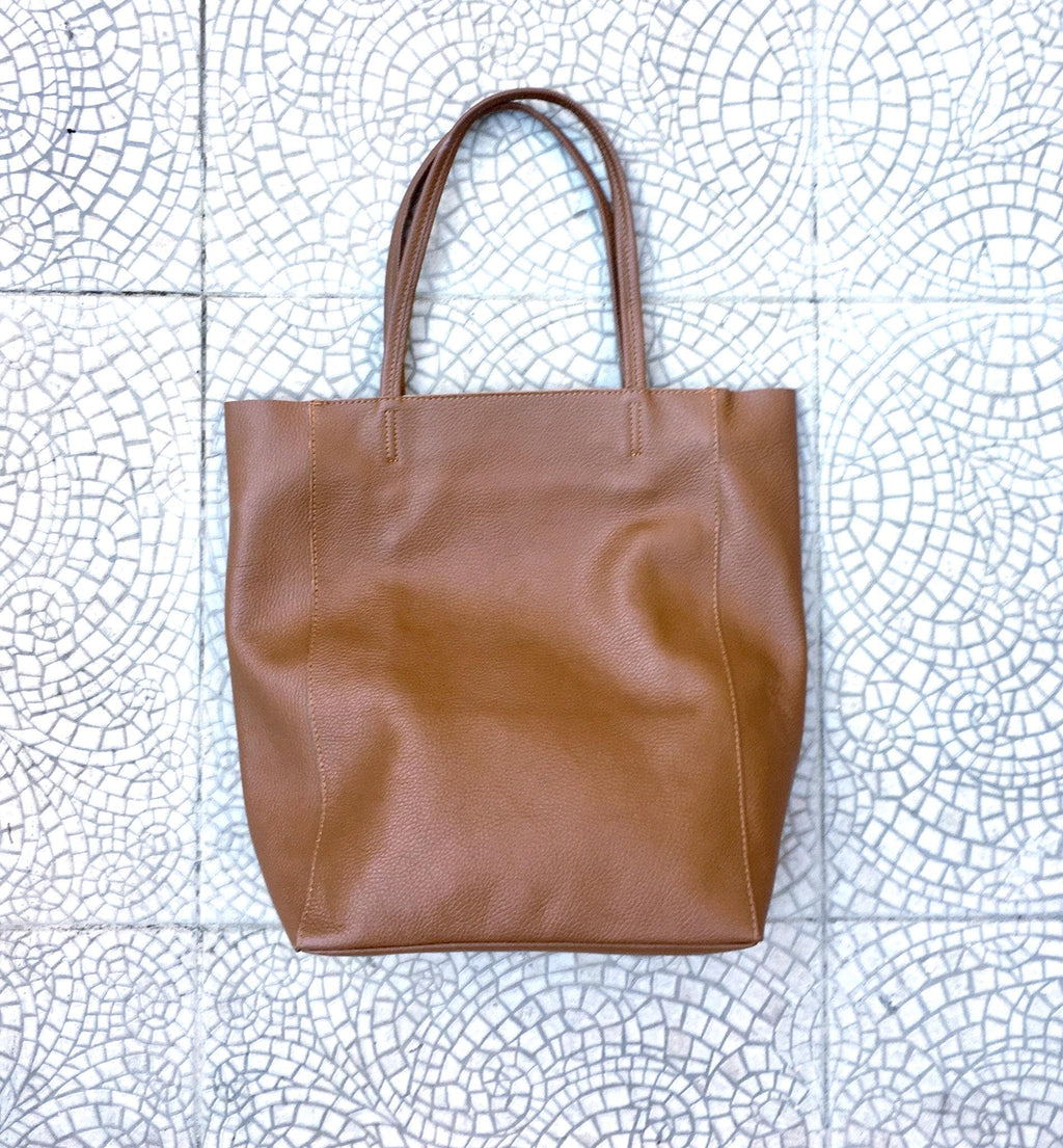 Tote leather bag in dark CAMEL brown. Soft natural GENUINE leather shopper. Large brown leather purse for your laptop, tablet, books...