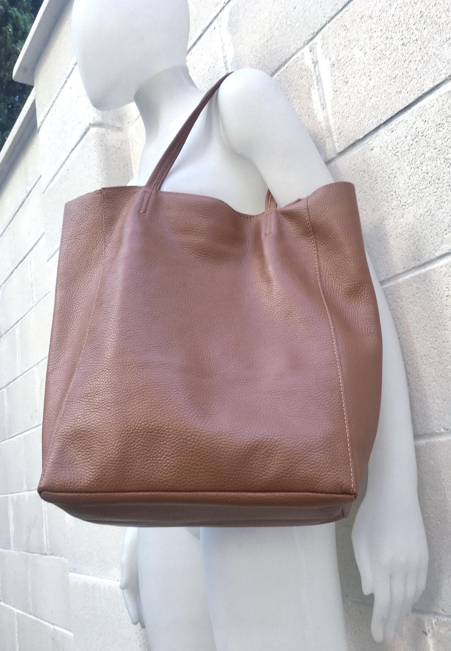 Tote leather bag in dark CAMEL brown. Soft natural GENUINE leather shopper. Large brown leather purse for your laptop, tablet, books...