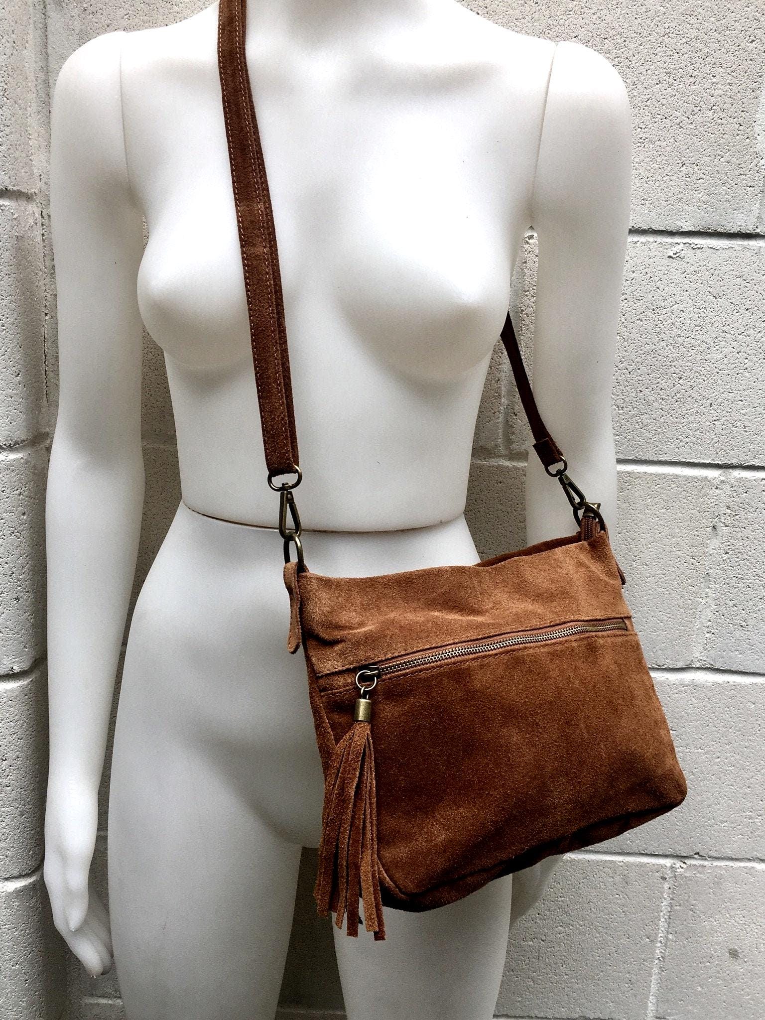 BOHO suede leather bag in camel BROWN. Soft genuine leather bag with tassel. Brown cross over bag,boho bag, crossbody bags in brown.