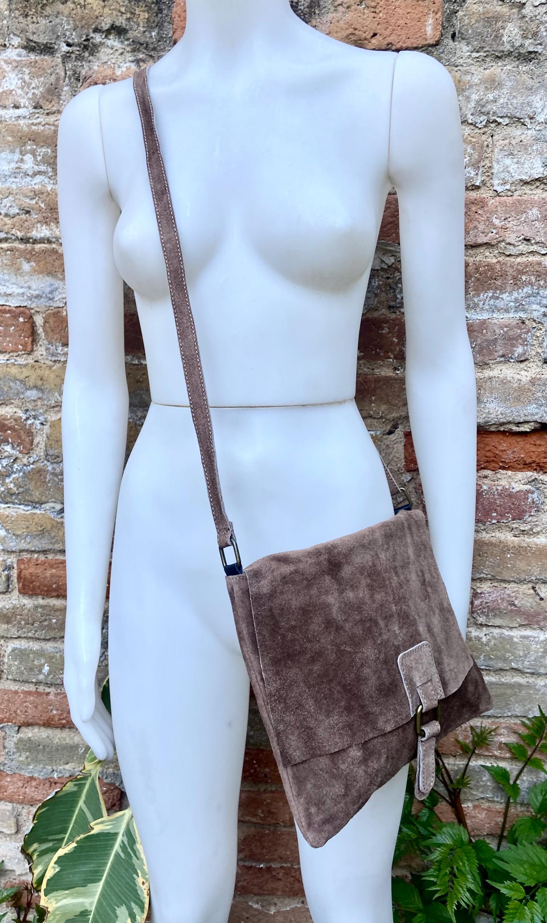 Cross body suede bag. GENUINE leather bag in TAUPE brown. Greyge BOHO natural leather bag. Messenger bag in suede for books, tablets...