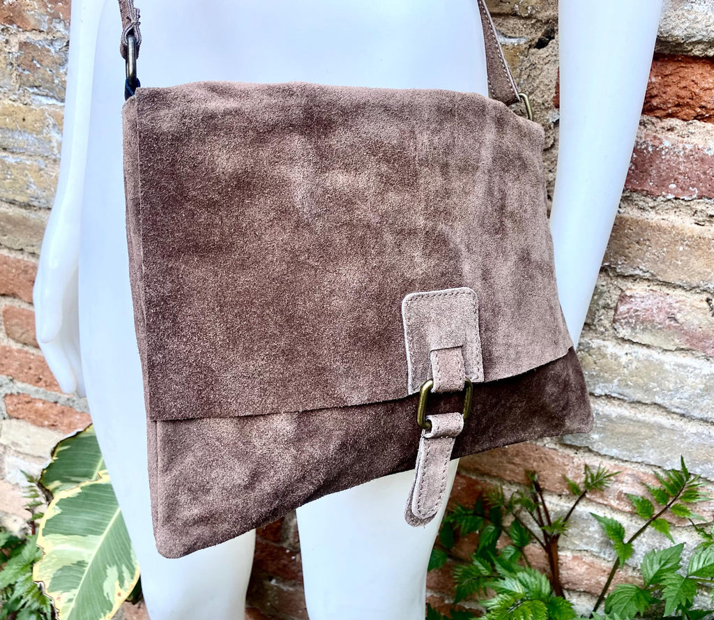 Cross body suede bag. GENUINE leather bag in TAUPE brown. Greyge BOHO natural leather bag. Messenger bag in suede for books, tablets...