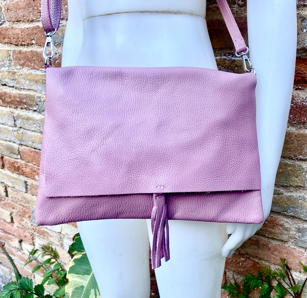 Raspberry pink crossbody / shoulder bag. Soft genuine leather. Medium cerise pink messenger bag. Zipper and adjustable strap