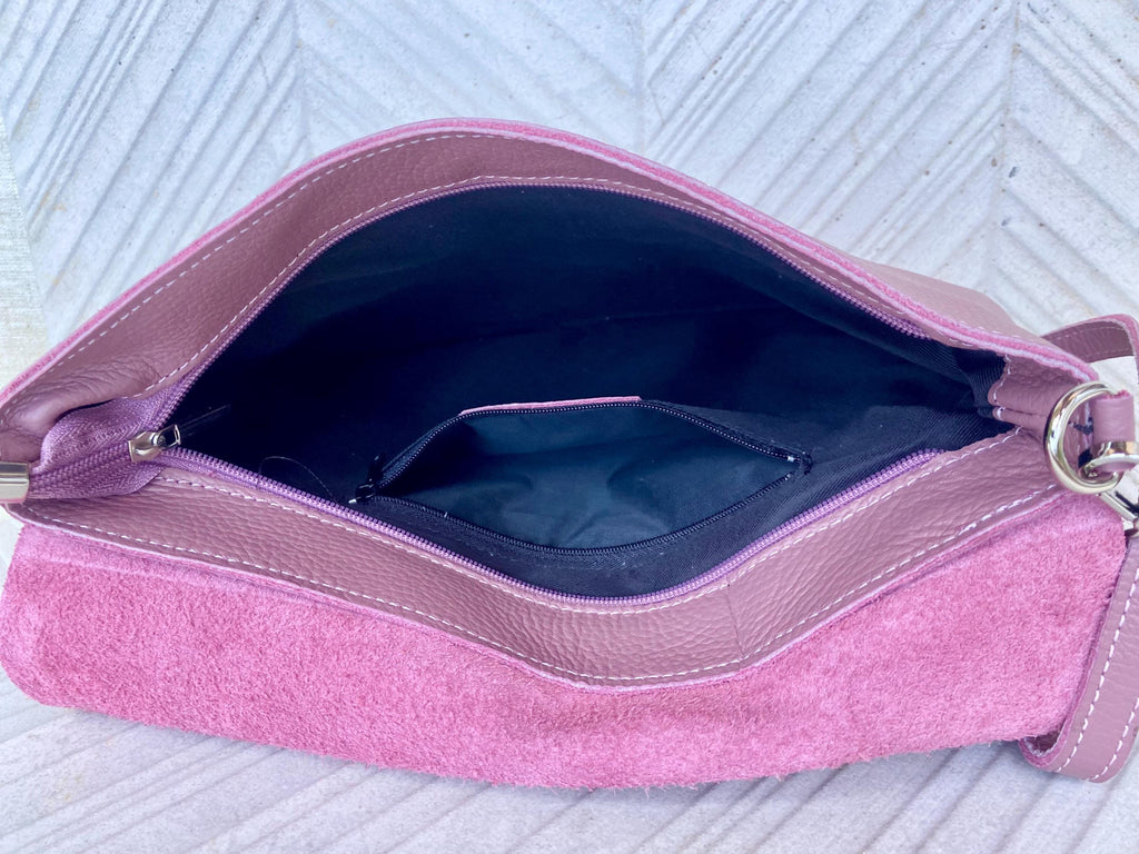 Raspberry pink crossbody / shoulder bag. Soft genuine leather. Medium cerise pink messenger bag. Zipper and adjustable strap