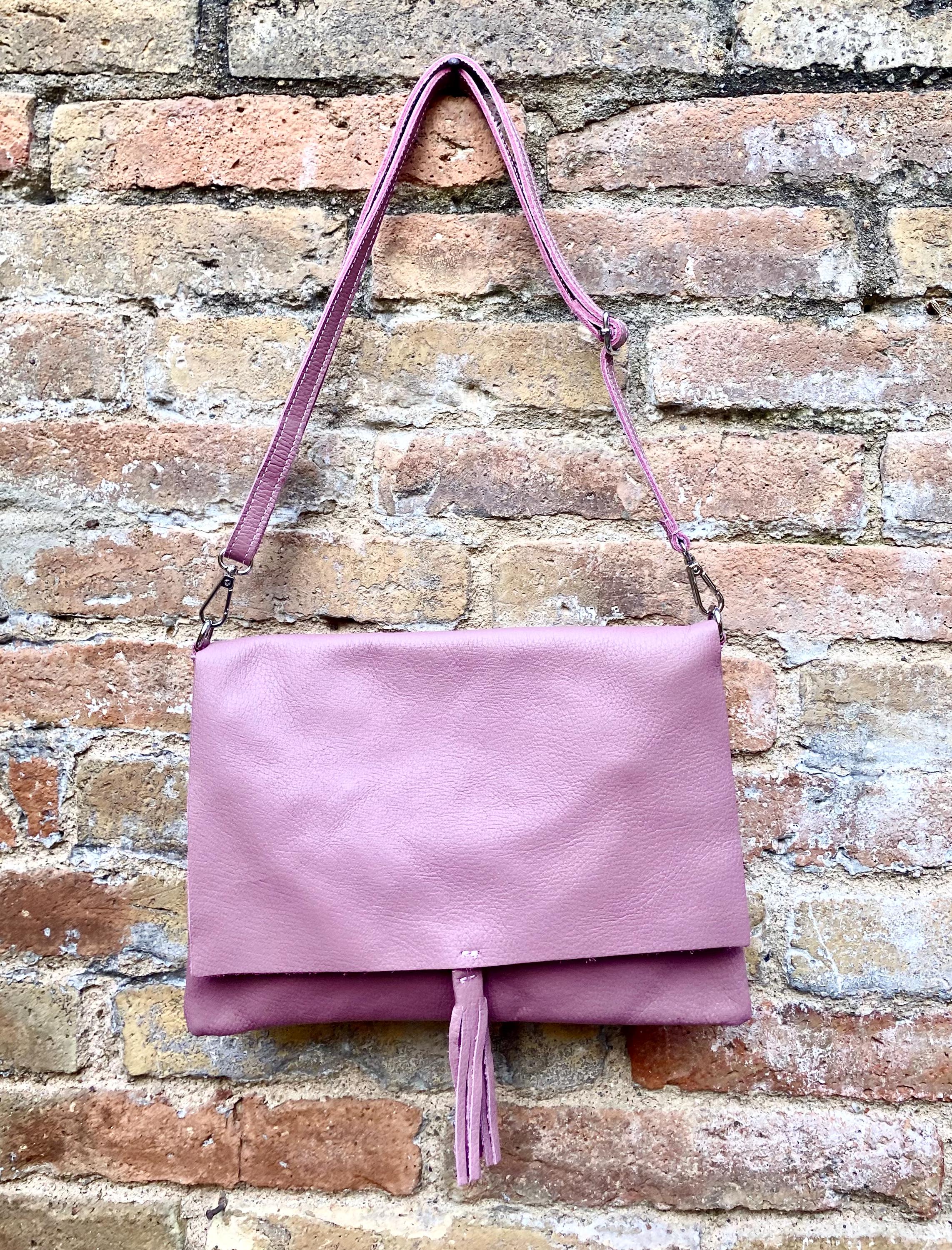 Raspberry pink crossbody / shoulder bag. Soft genuine leather. Medium cerise pink messenger bag. Zipper and adjustable strap