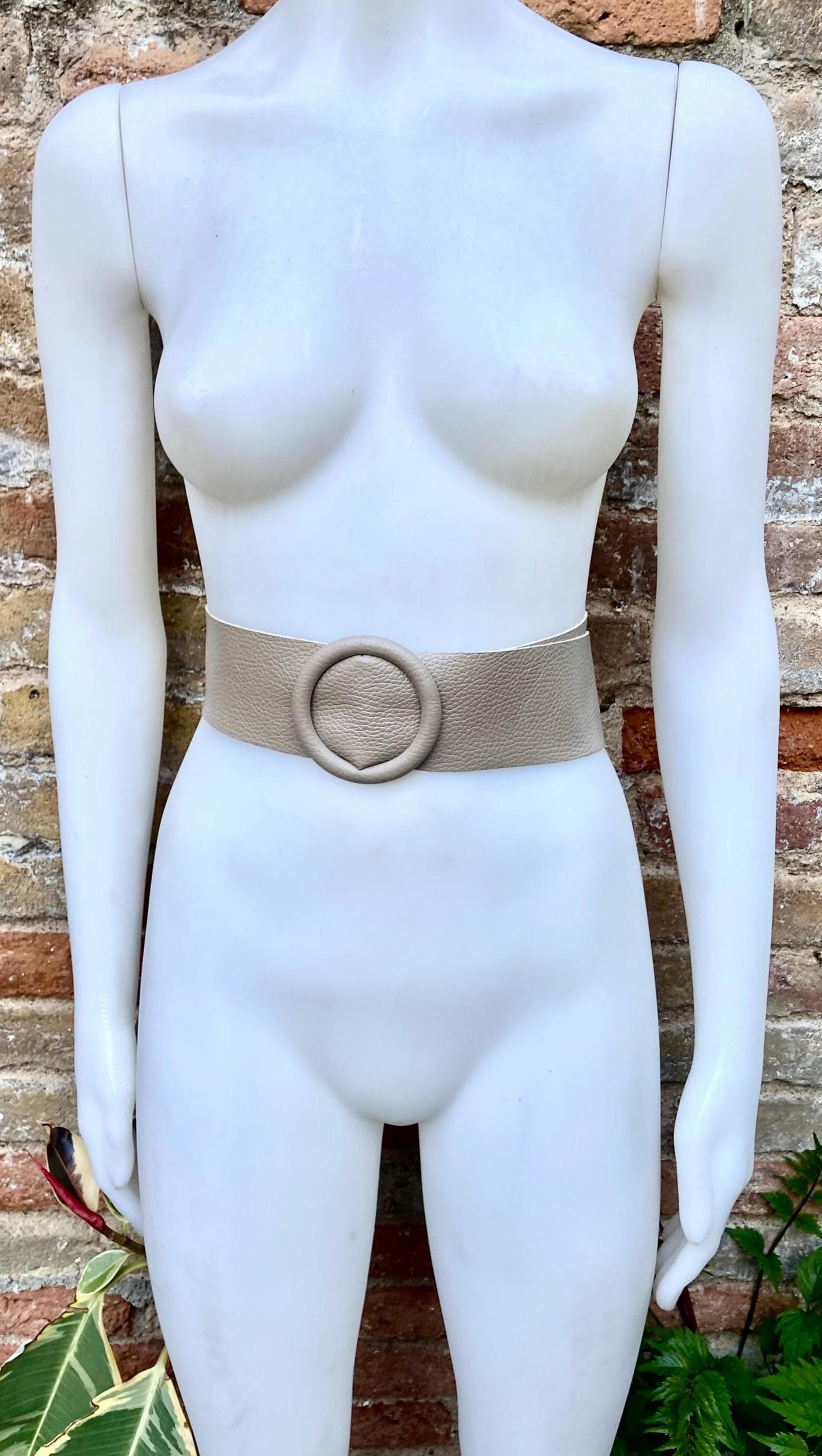 Beige leather waist belt with large round buckle. Soft leather belt in beige. Genuine leather dress belt. Beige wide waist belt