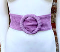 Purple suede waist belt with large round buckle. Boho soft suede belt in a deep mauve shade. Genuine natural purple suede leather