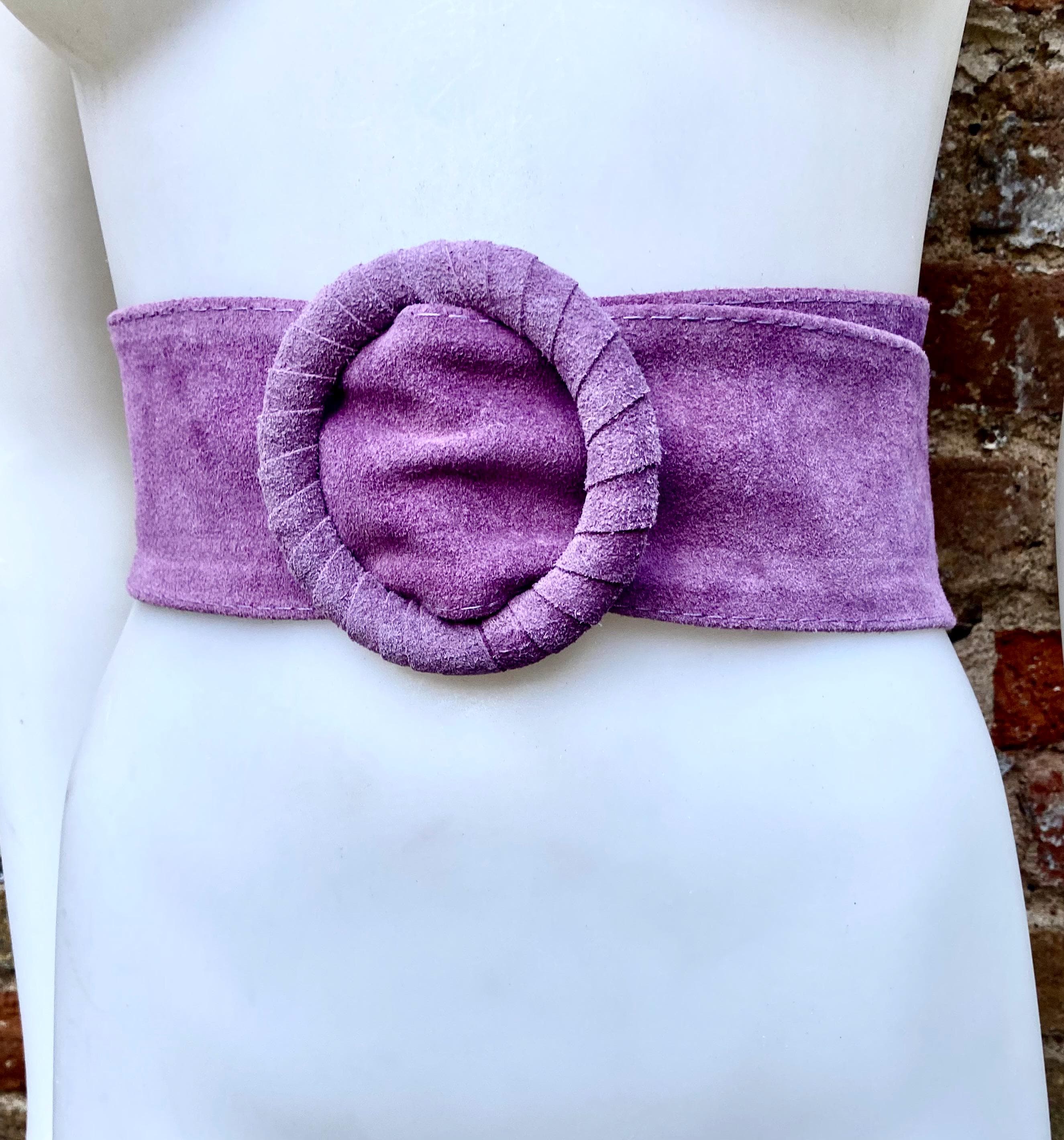Purple suede waist belt with large round buckle. Boho soft suede belt in a deep mauve shade. Genuine natural purple suede leather