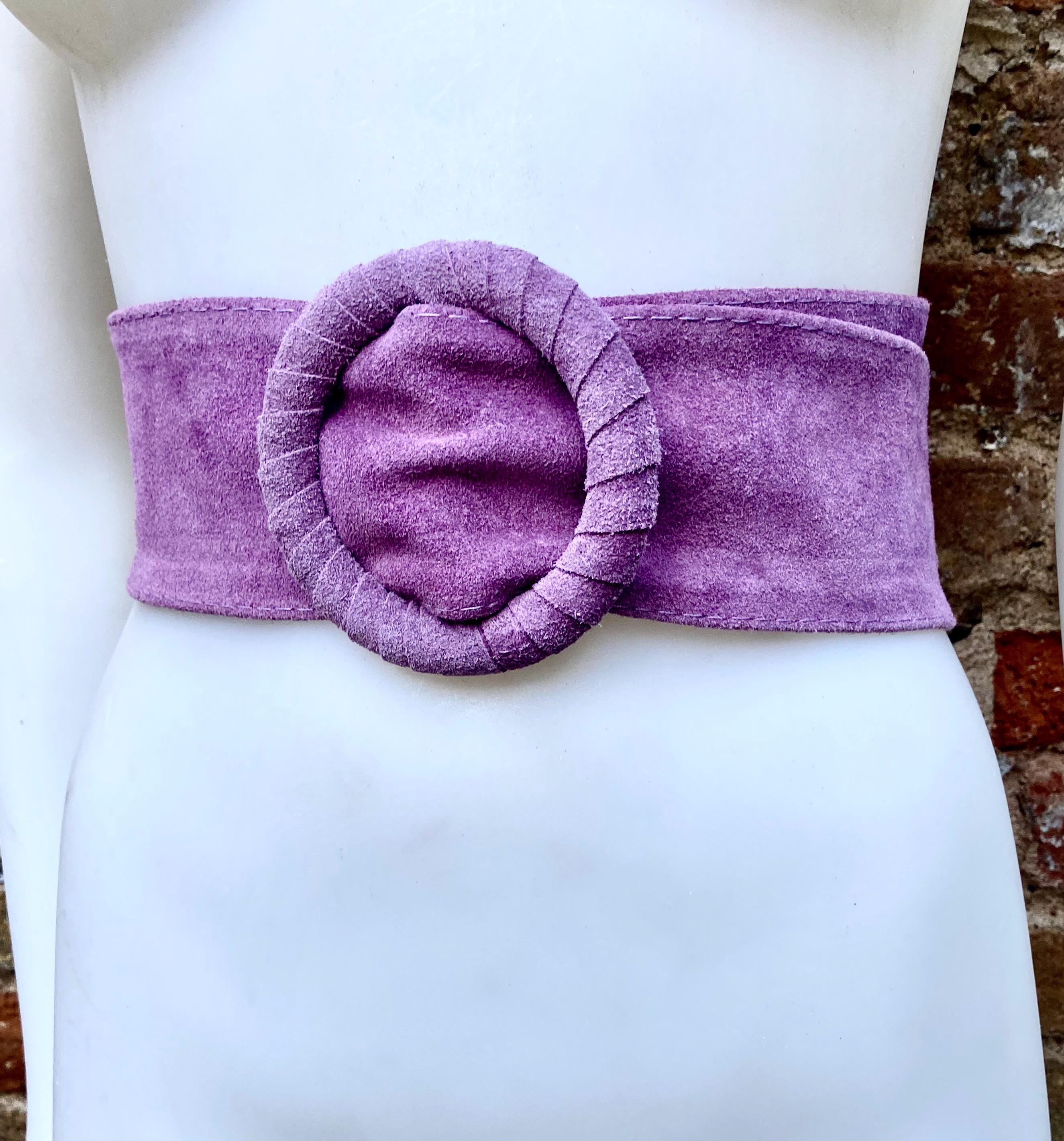 Purple suede waist belt with large round buckle. Boho soft suede belt in a deep mauve shade. Genuine natural purple suede leather