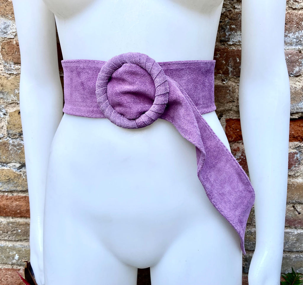 Purple suede waist belt with large round buckle. Boho soft suede belt in a deep mauve shade. Genuine natural purple suede leather